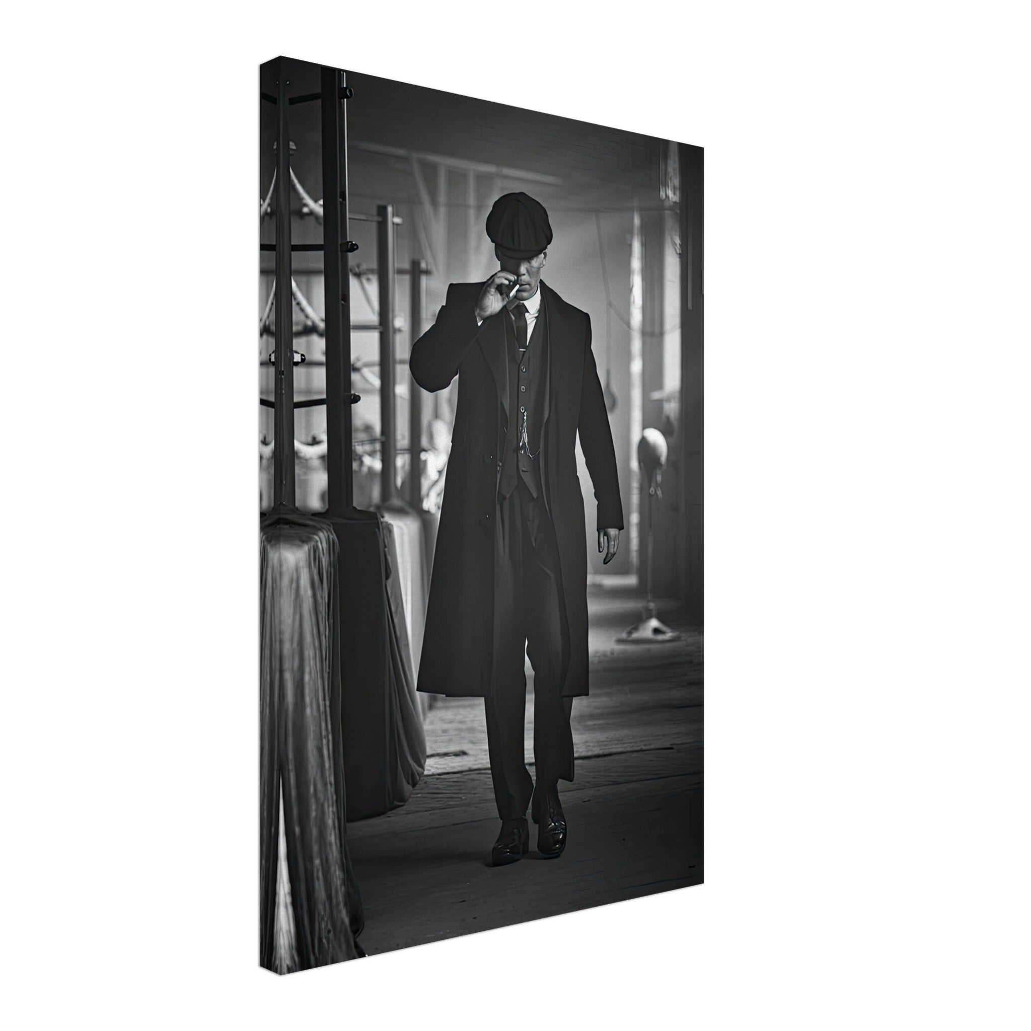 Tommy Shelby Peaky Blinders black and white canvas art, showcasing the iconic character's strong presence and vintage style.