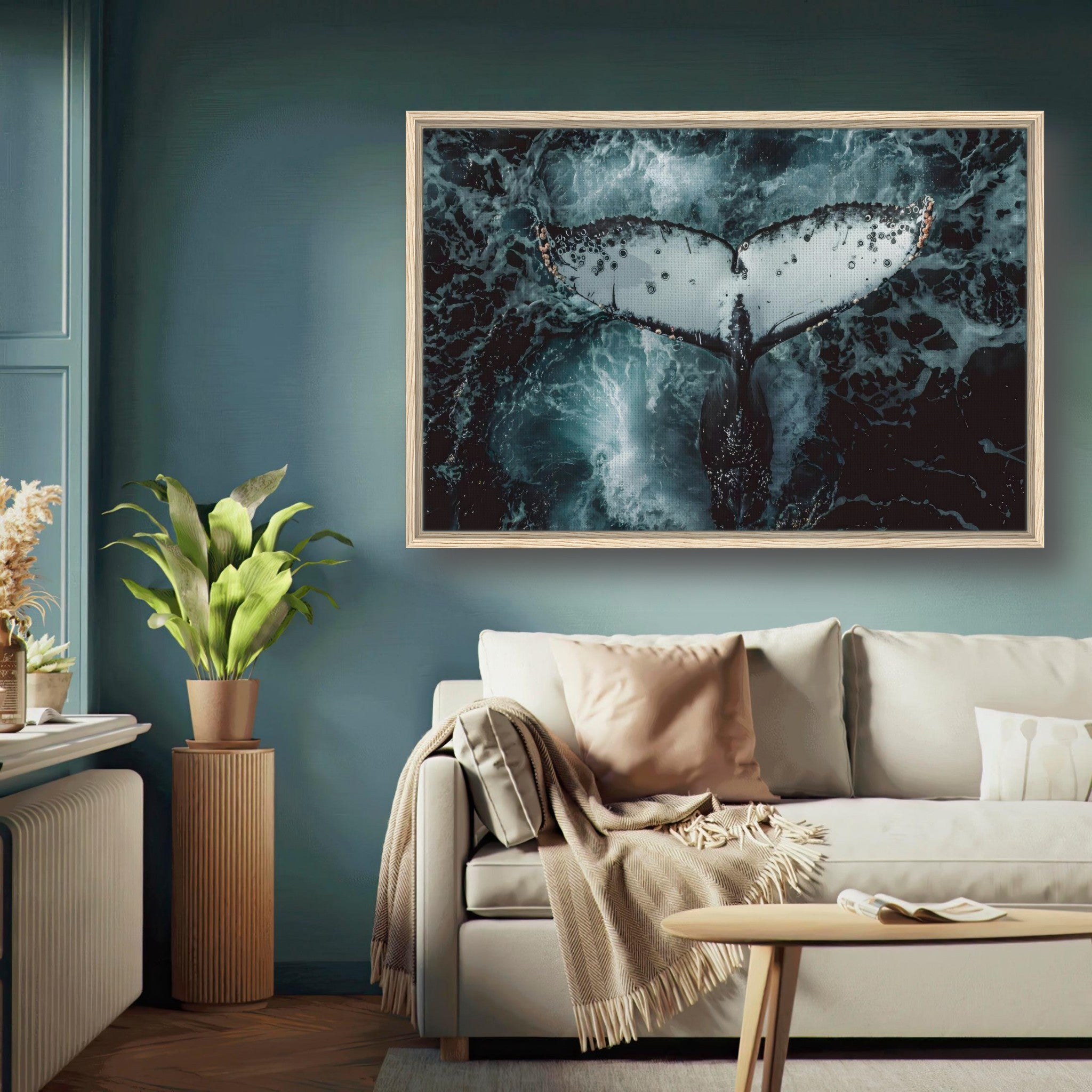 Stunning Humpback Whale framed canvas print showcasing the whale's tail in swirling ocean waters.
