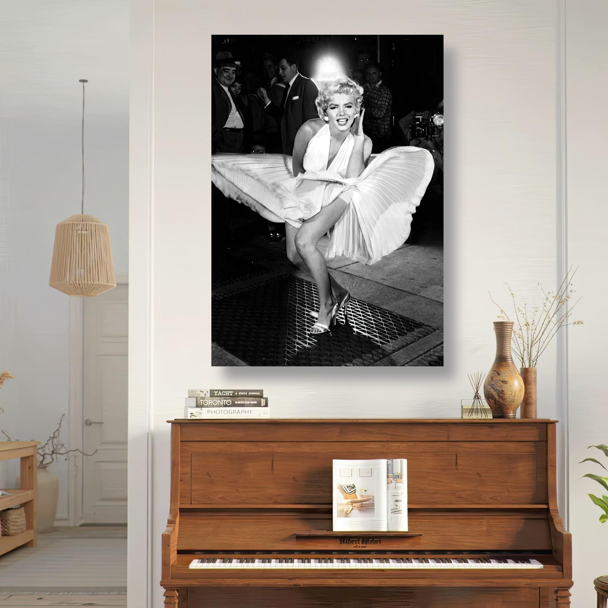 Marilyn Monroe wind-blown in iconic white dress metal print, capturing Hollywood glamour.