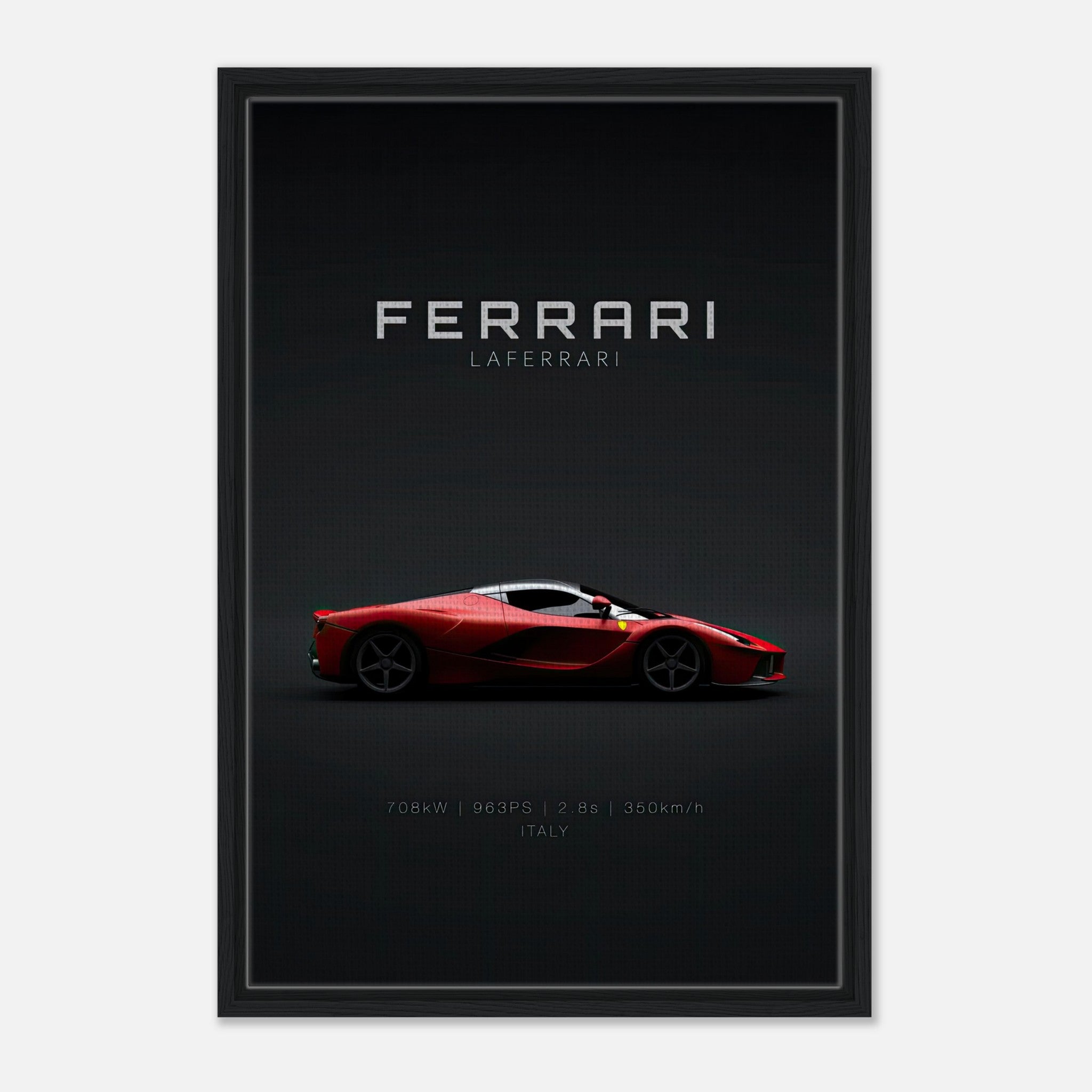 Ferrari Laferrari framed canvas art featuring a sleek red supercar design on a black backdrop.