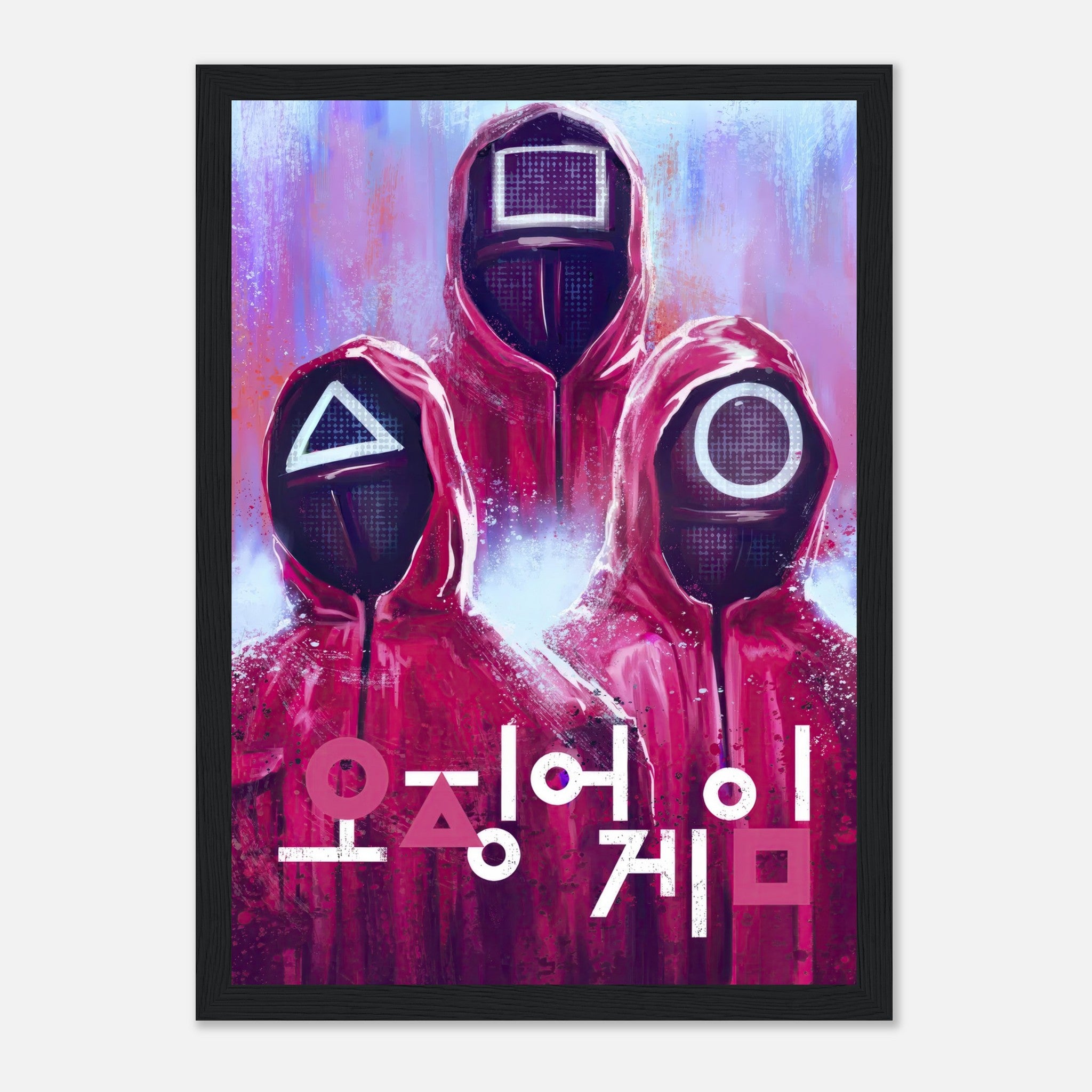 Squid Game framed poster featuring guards in red suits with geometric masks and bold Korean typography.
