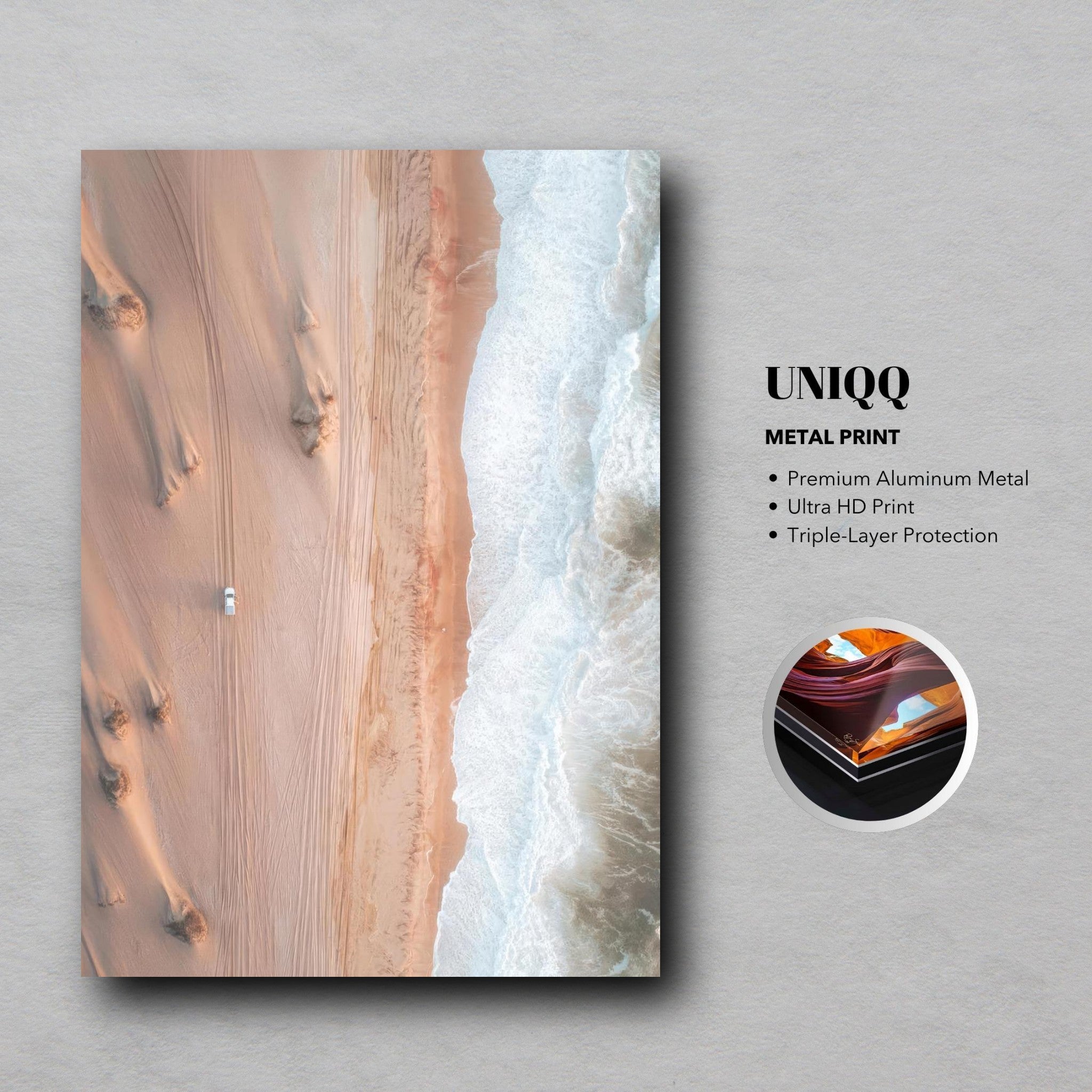 Drone photography metal print of desert and ocean showcasing stunning aerial view and natural contrasts.