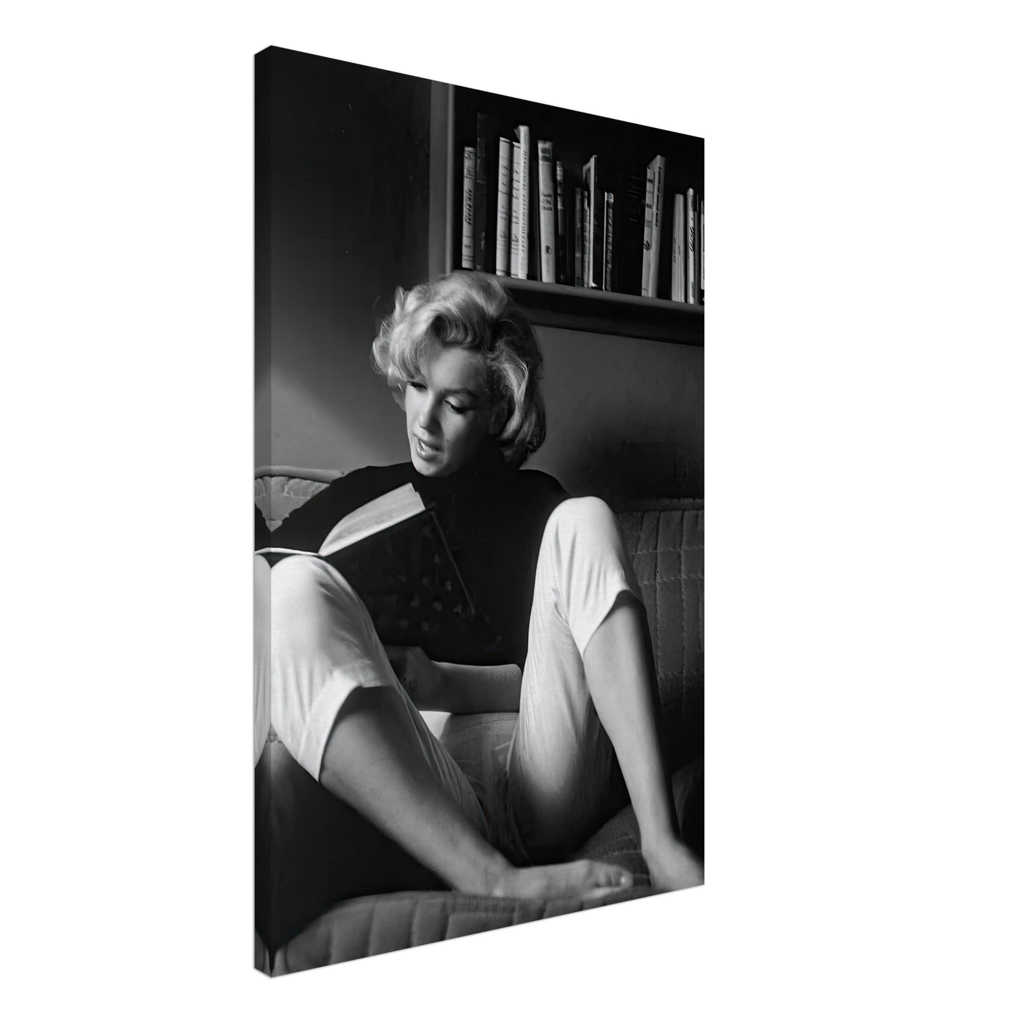 Marilyn Monroe reading at home, black-and-white canvas art, capturing timeless elegance and Hollywood glamour.