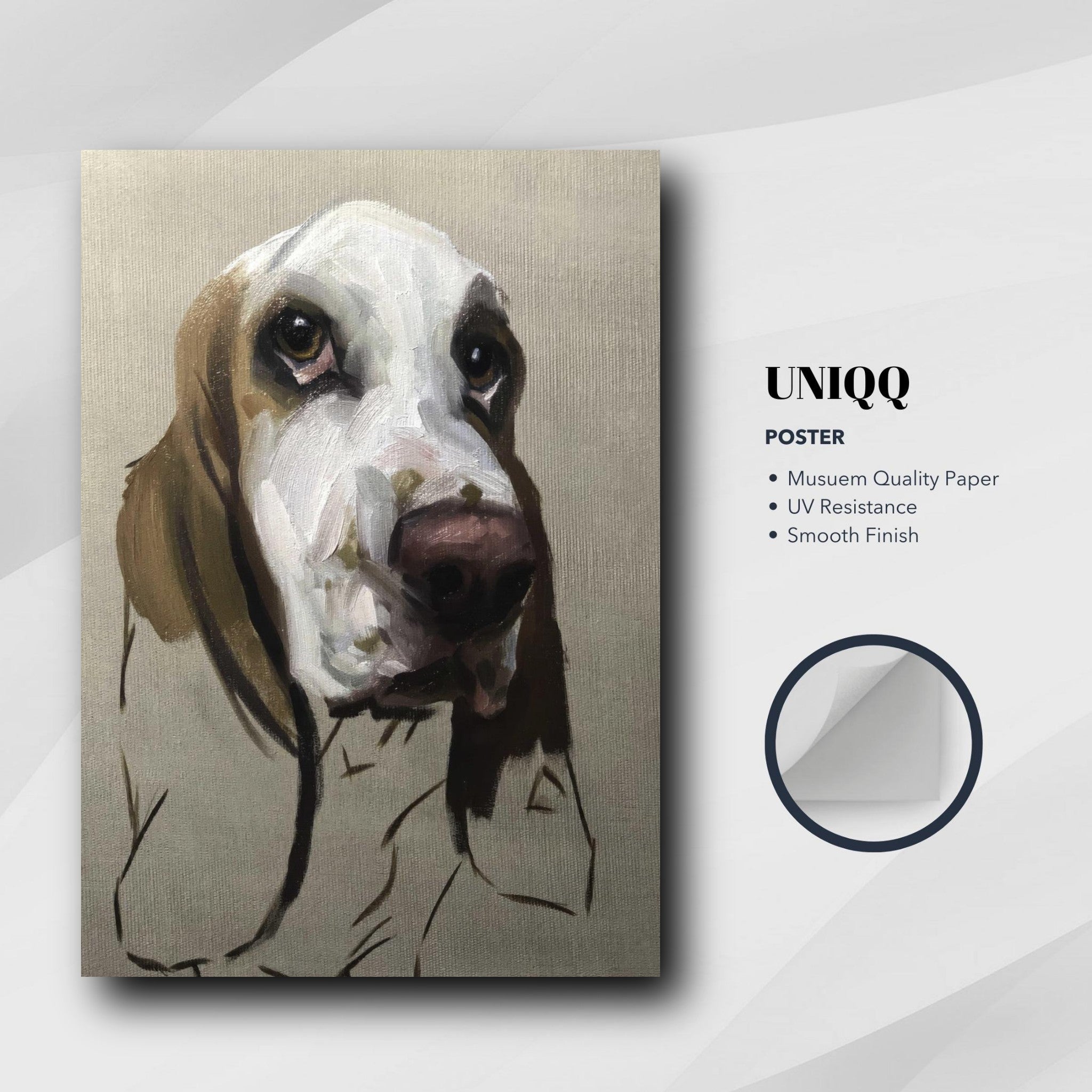 Basset Hound dog painting poster on museum quality paper with a smooth finish, showcasing its charming expression.