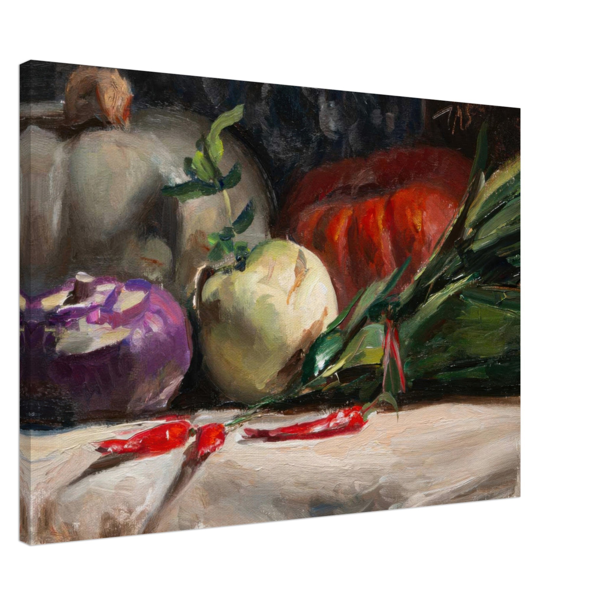 Still life canvas print featuring kohlrabi, pumpkins, and chilis in vibrant colors and textures.