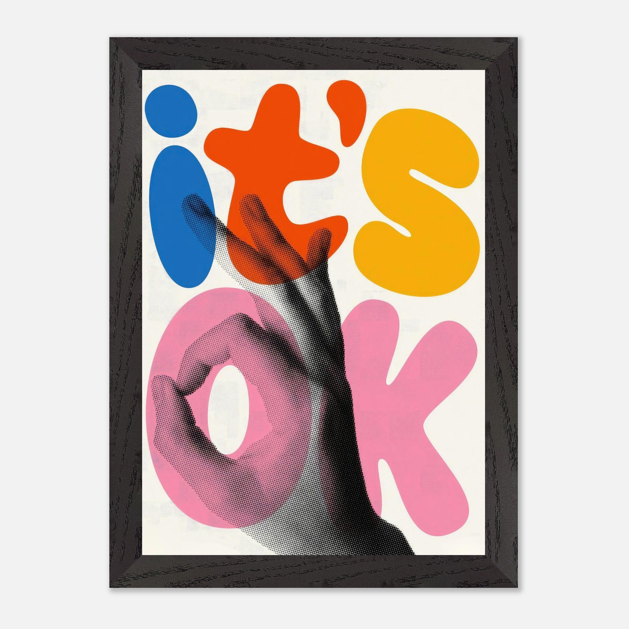 It's Ok retro abstract pop art framed print featuring vibrant colors and a playful hand gesture.