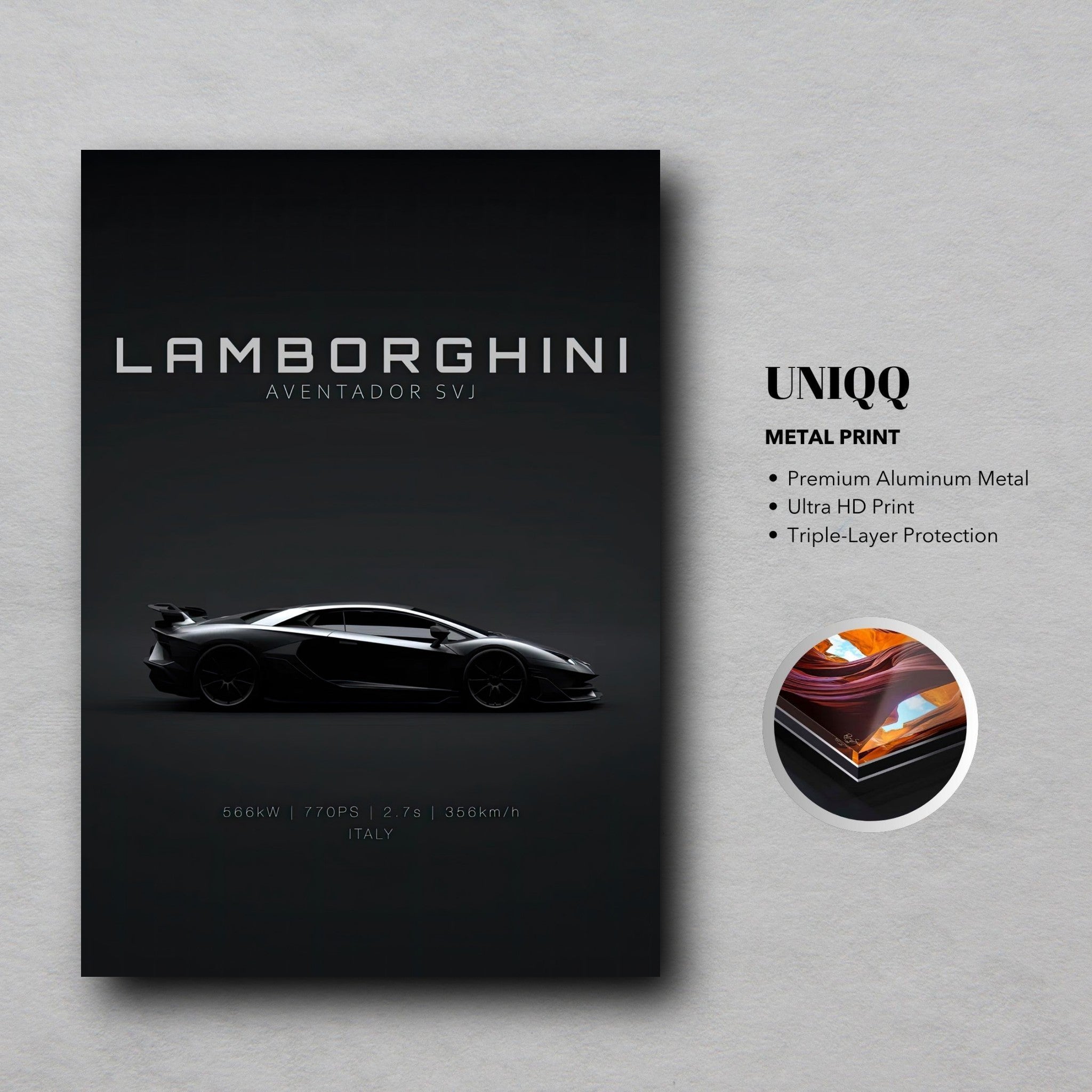 Lamborghini Aventador SVJ metal print showcasing sleek design and premium quality for car enthusiasts.