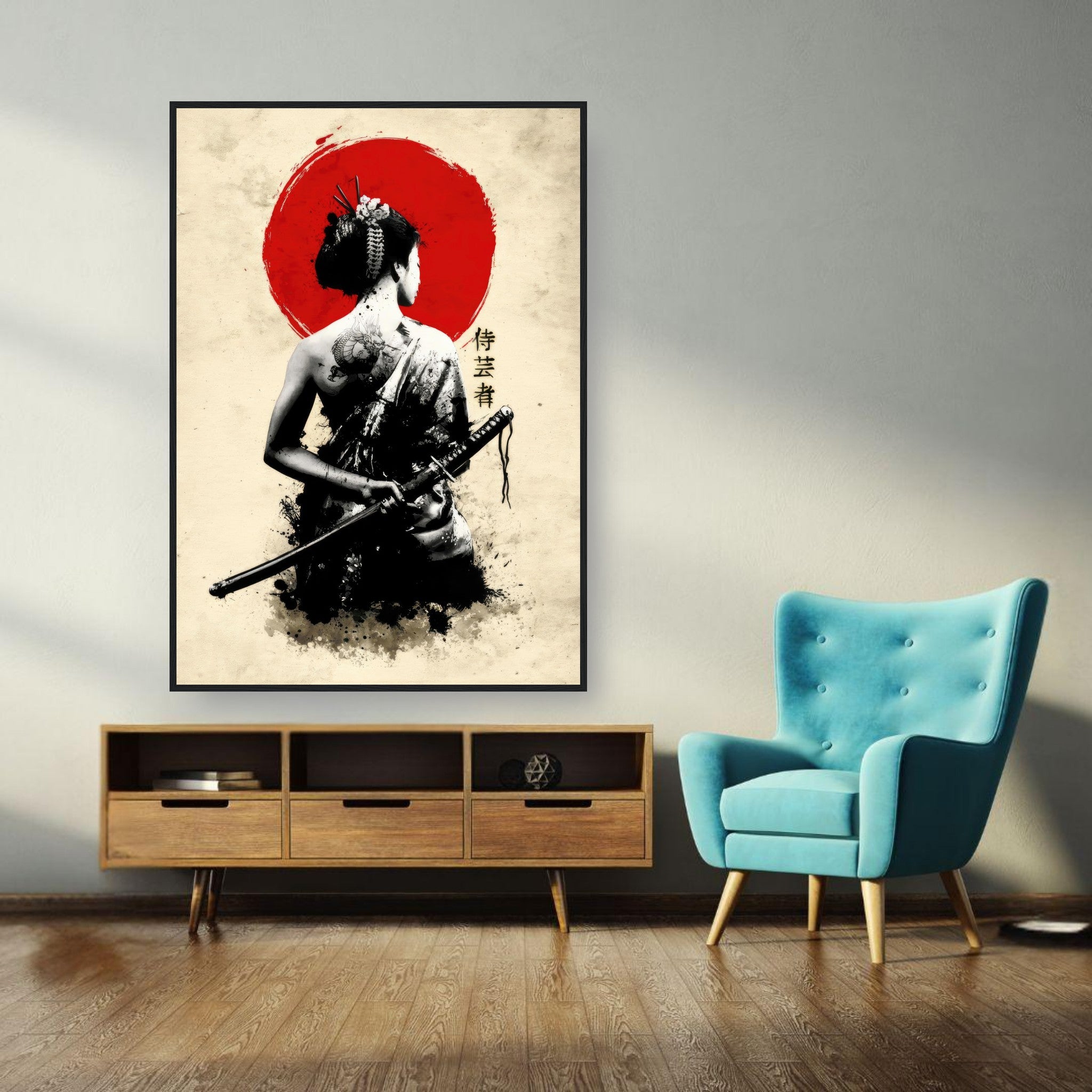 Samurai Geisha framed print featuring a geisha with a katana, bold red sun backdrop, and traditional attire detail.