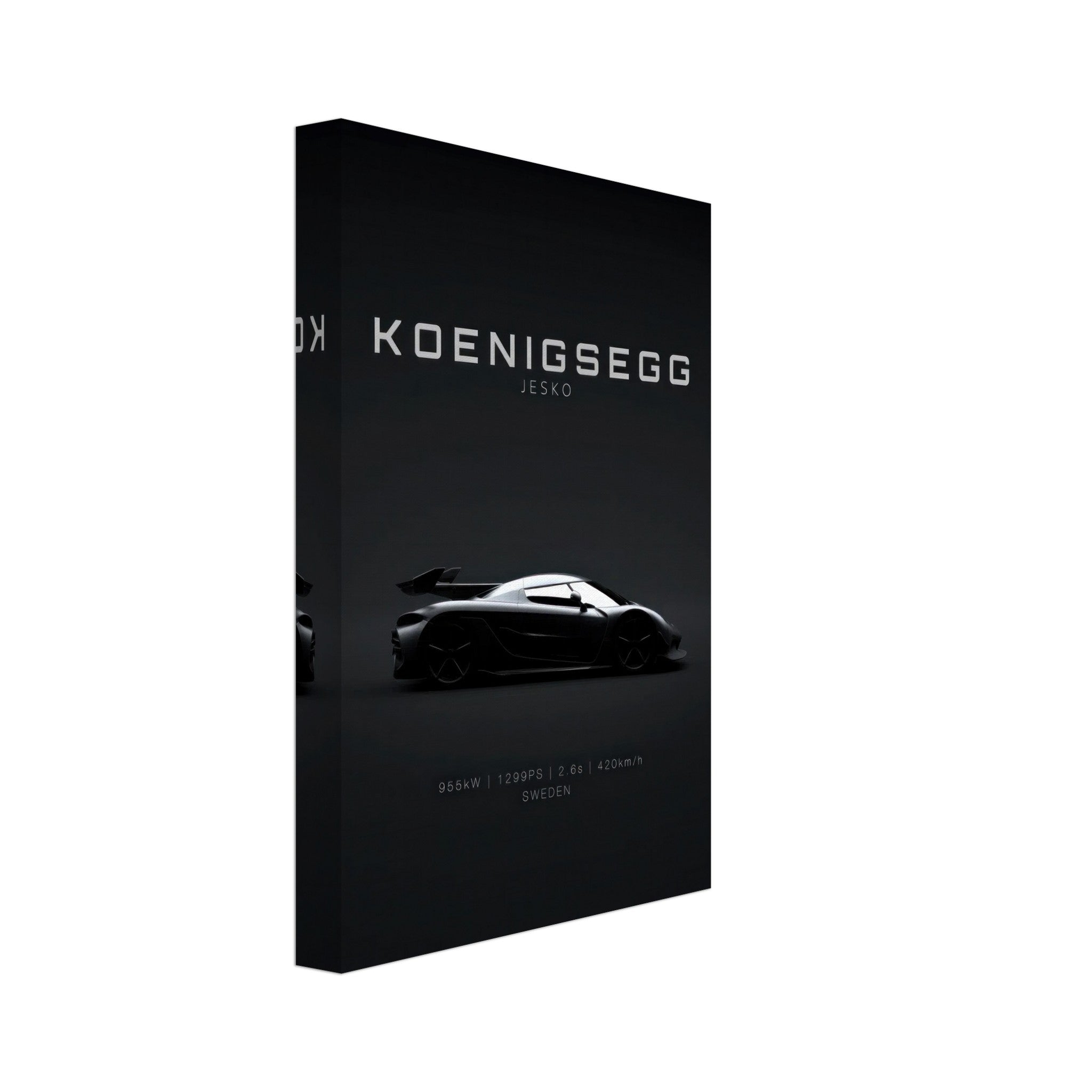 Koenigsegg Jesko canvas art featuring a sleek silhouette on a minimalistic black background.