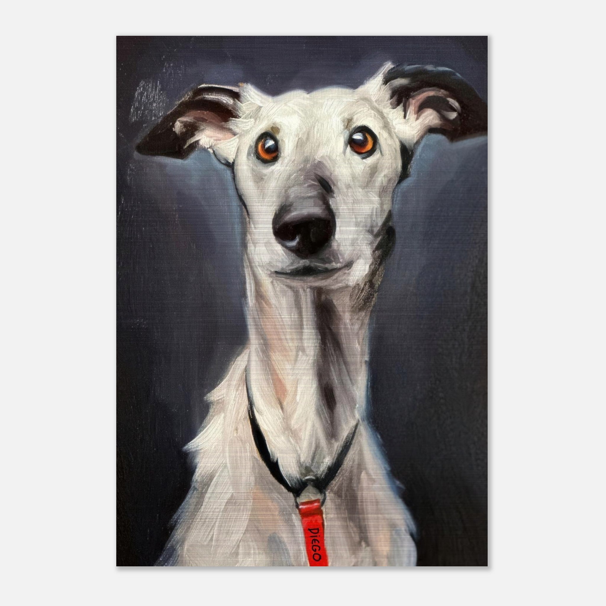 Greyhound dog painting on brushed metal, showcasing detailed features and expressive eyes.