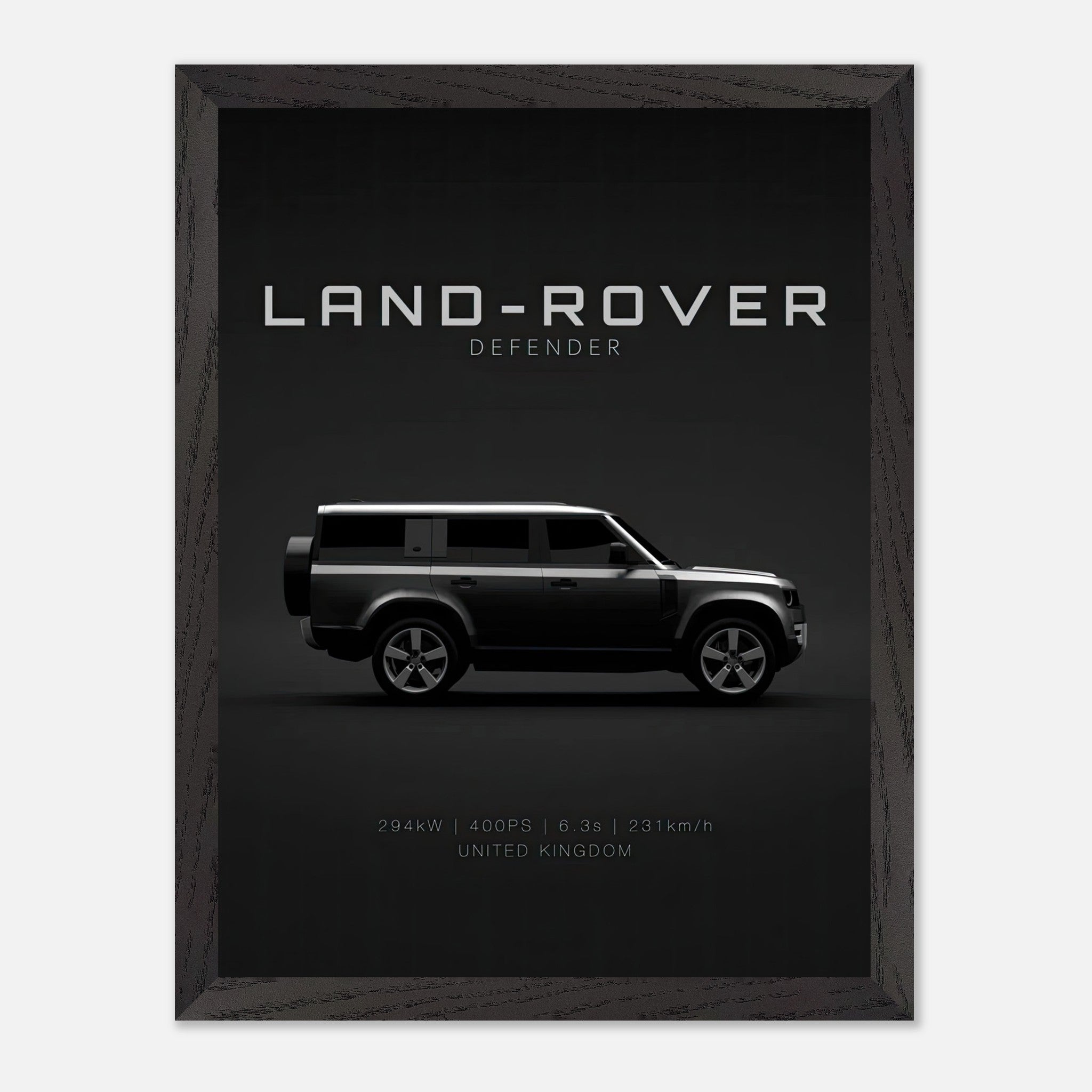 Land Rover Defender vintage framed art showcasing the iconic silhouette in a minimalist design against a black background.