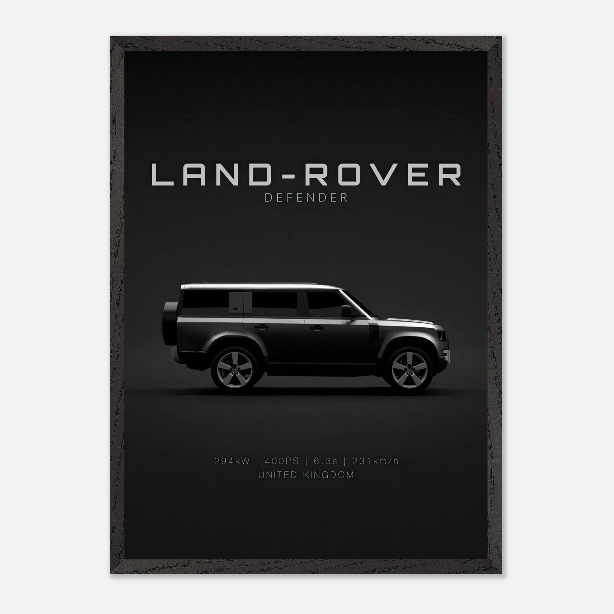 Land Rover Defender vintage framed art featuring a sleek silhouette against a black background.