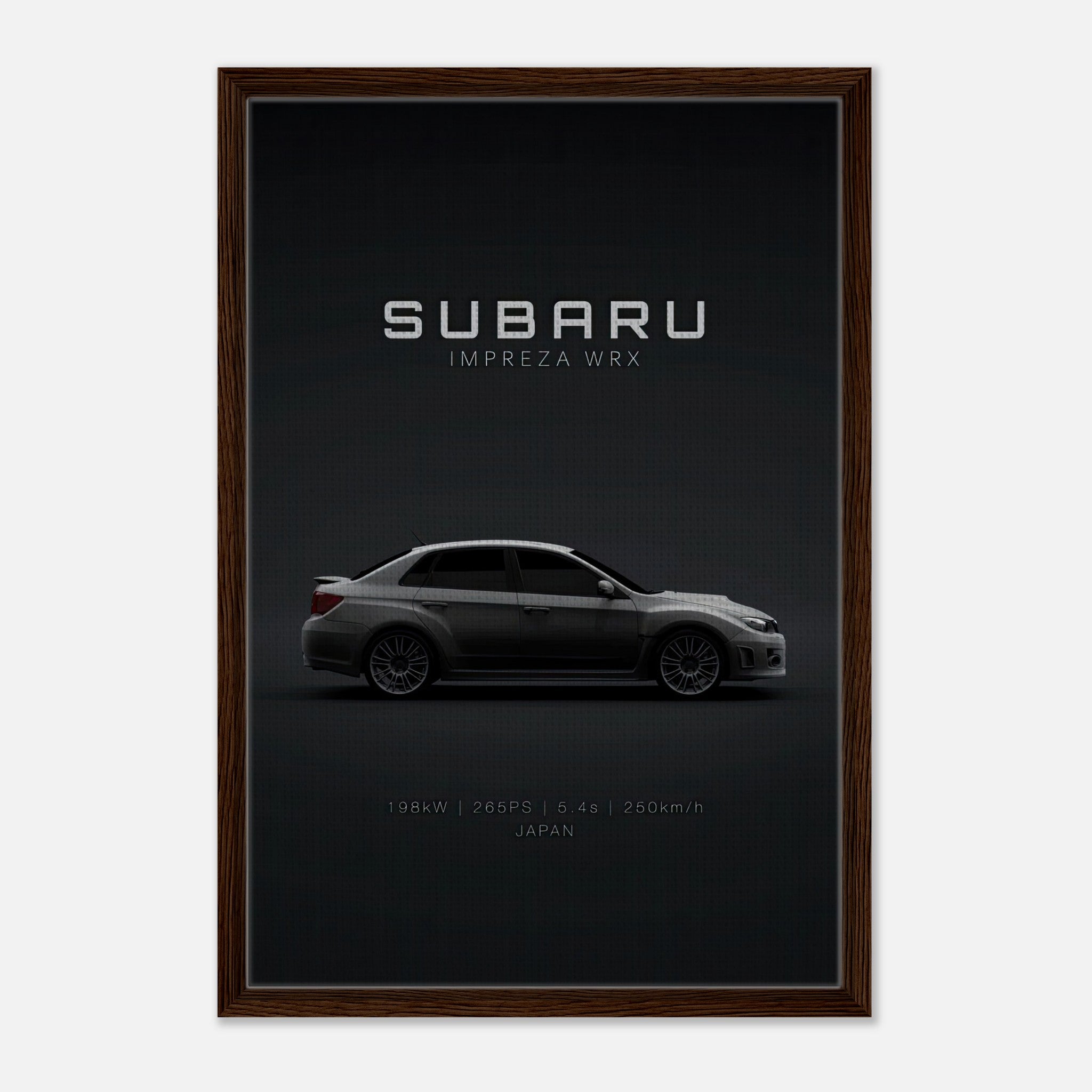 Subaru WRX framed canvas artwork showcasing a side profile view, highlighting speed and design.