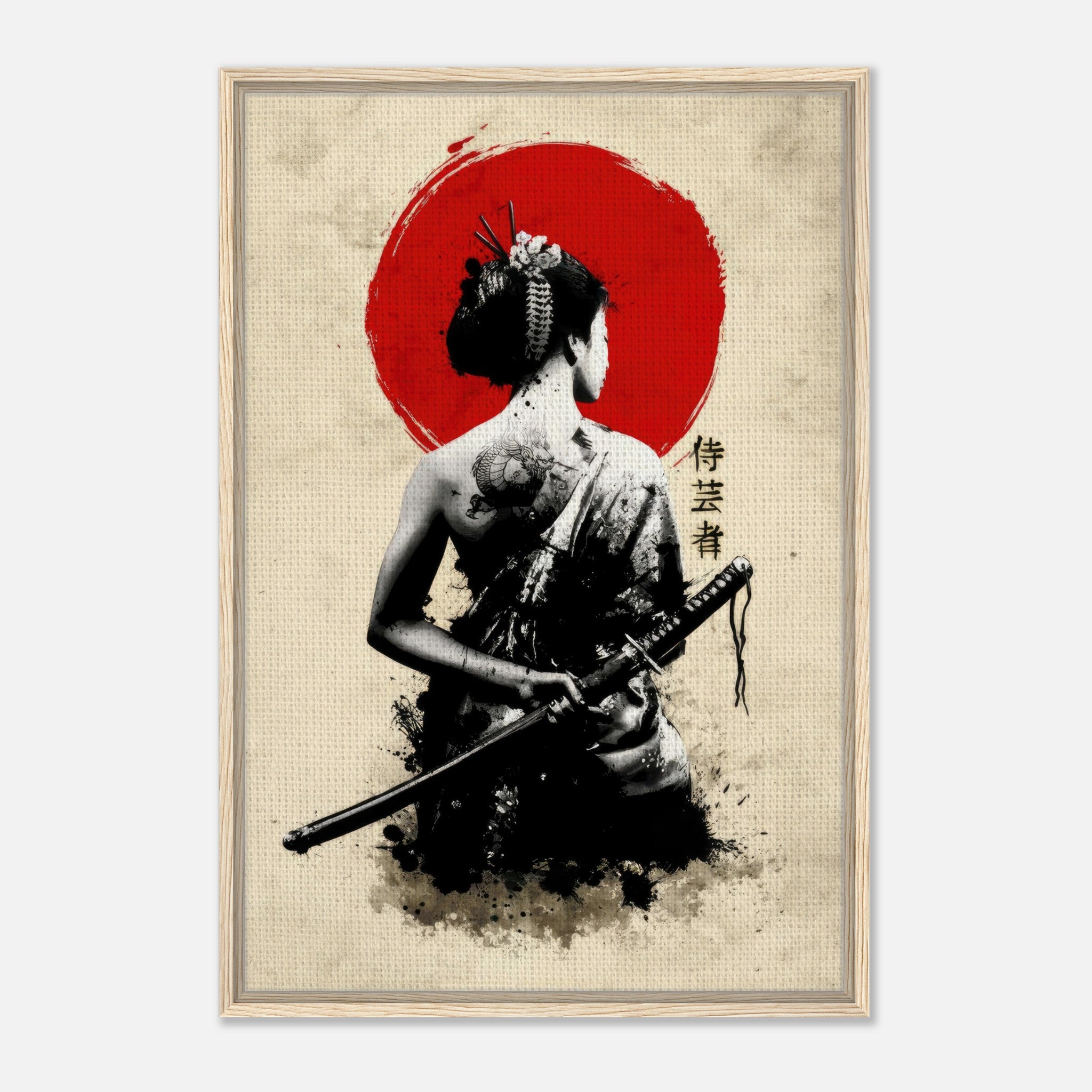 Framed canvas art of a geisha with a katana and red sun, symbolizing strength and grace in Japanese culture.