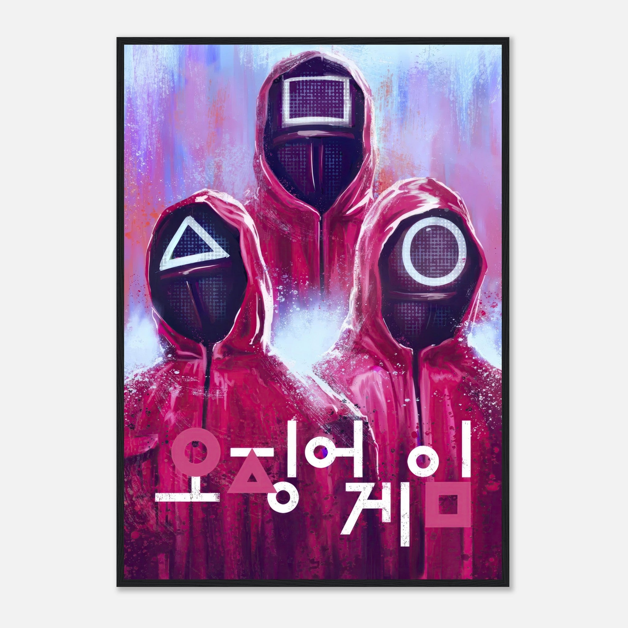 Framed poster of Squid Game featuring iconic red-suited guards with geometric masks and bold Korean typography.