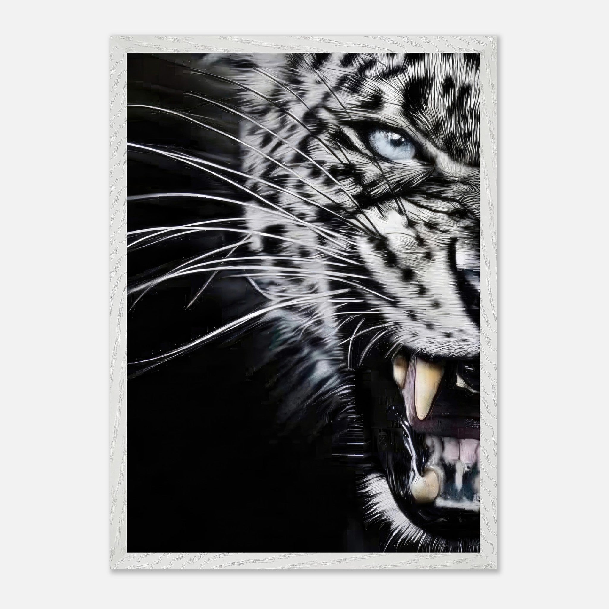 Close-up portrait of a fierce leopard with sharp fangs and piercing blue eyes, showcasing intricate fur details.