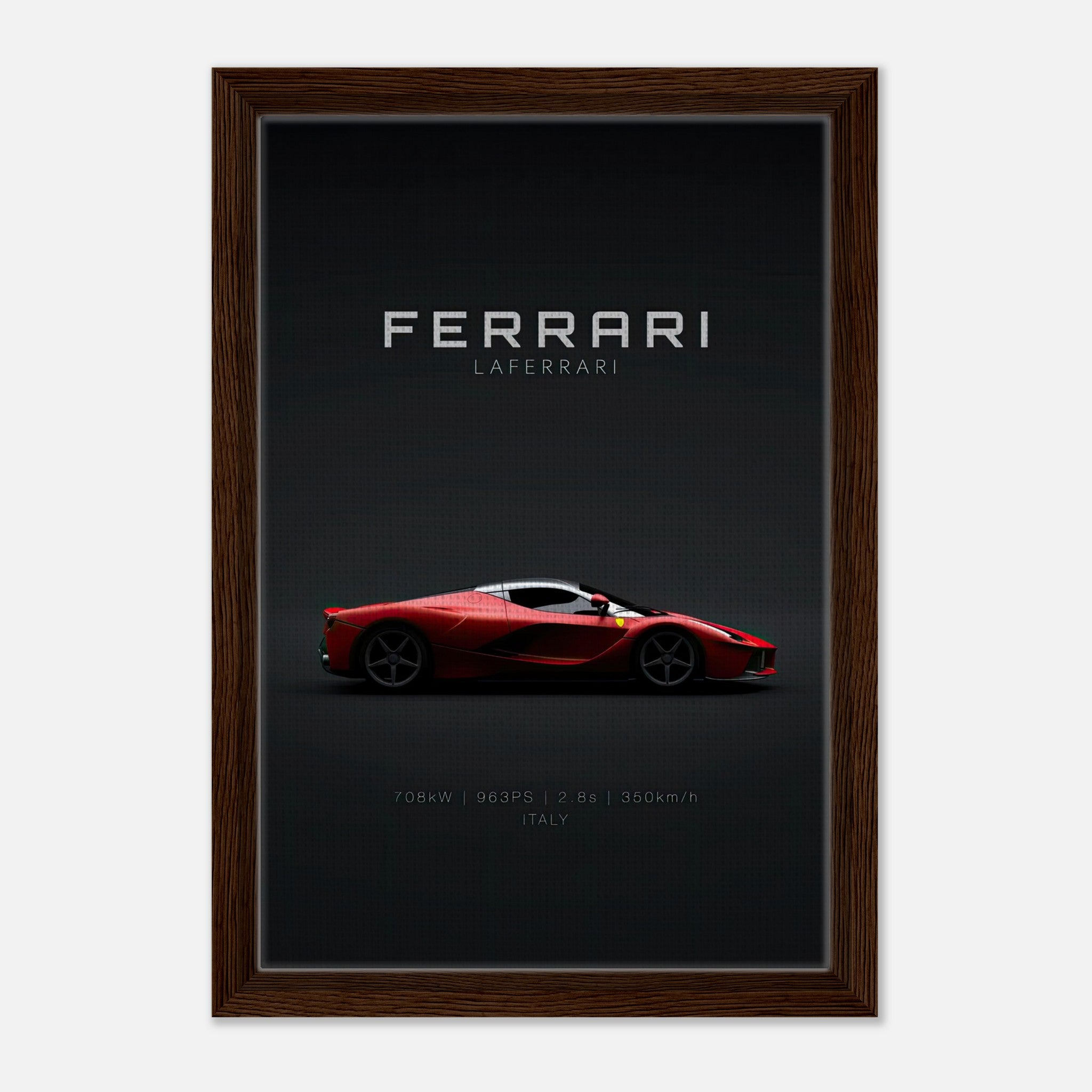 Ferrari Laferrari framed canvas art featuring a sleek red hybrid supercar on a minimalist black backdrop.
