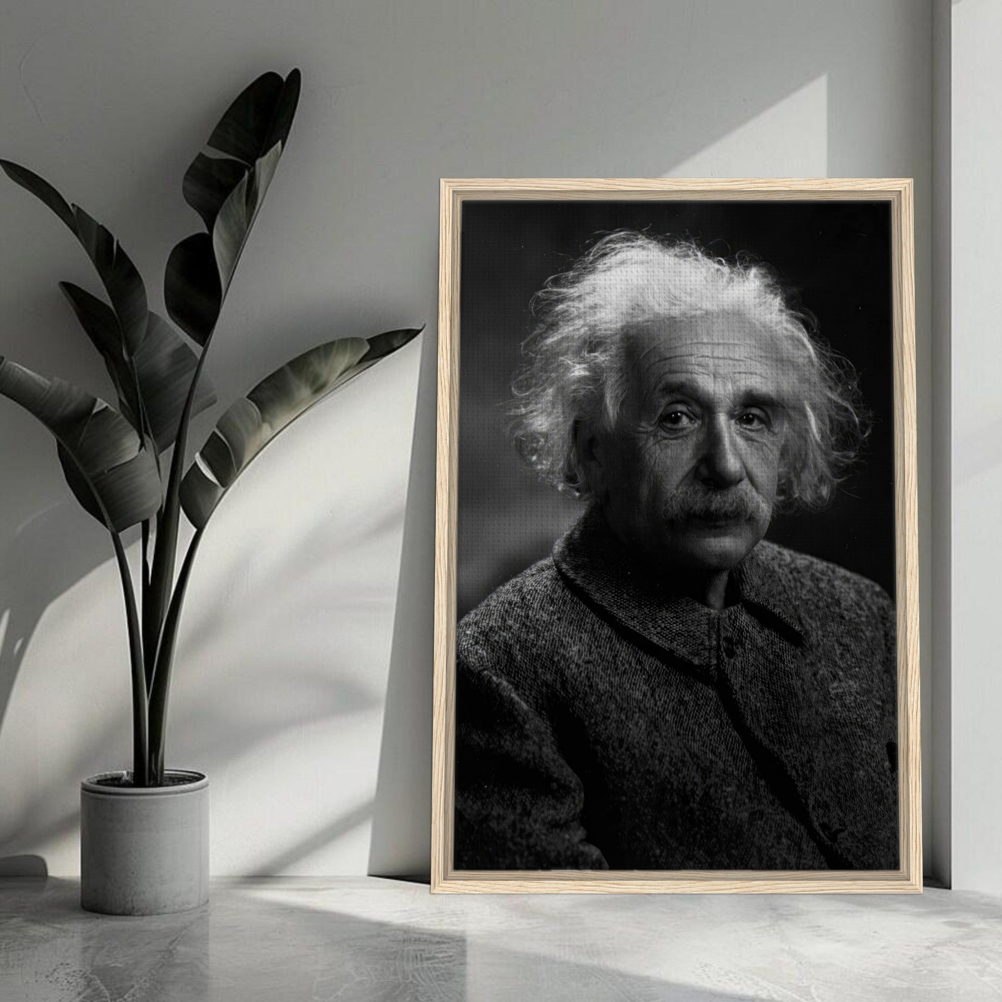 Framed canvas print of Albert Einstein's portrait, showcasing his contemplative expression in black and white.