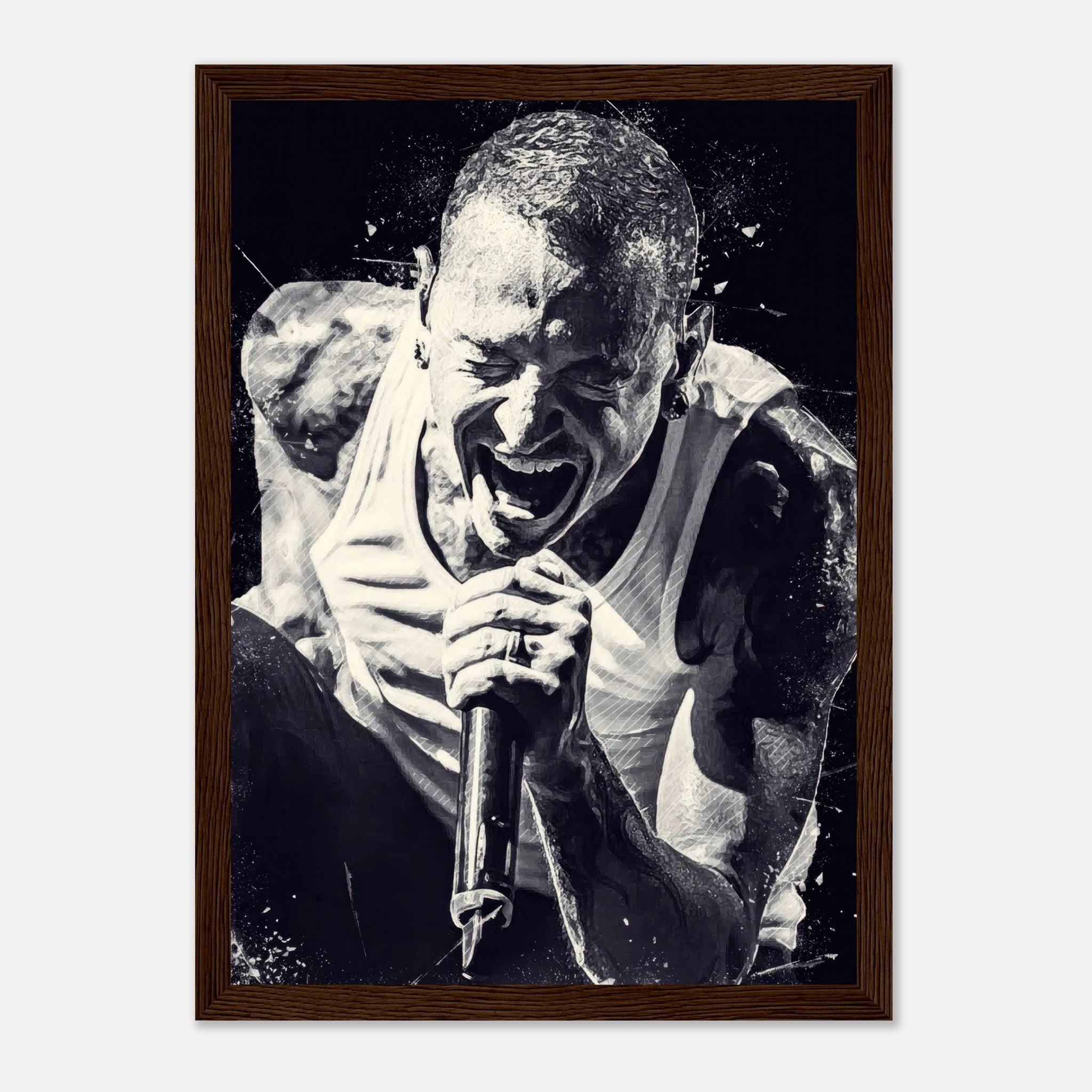 Chester Bennington framed print poster featuring a powerful black-and-white image of him performing passionately.