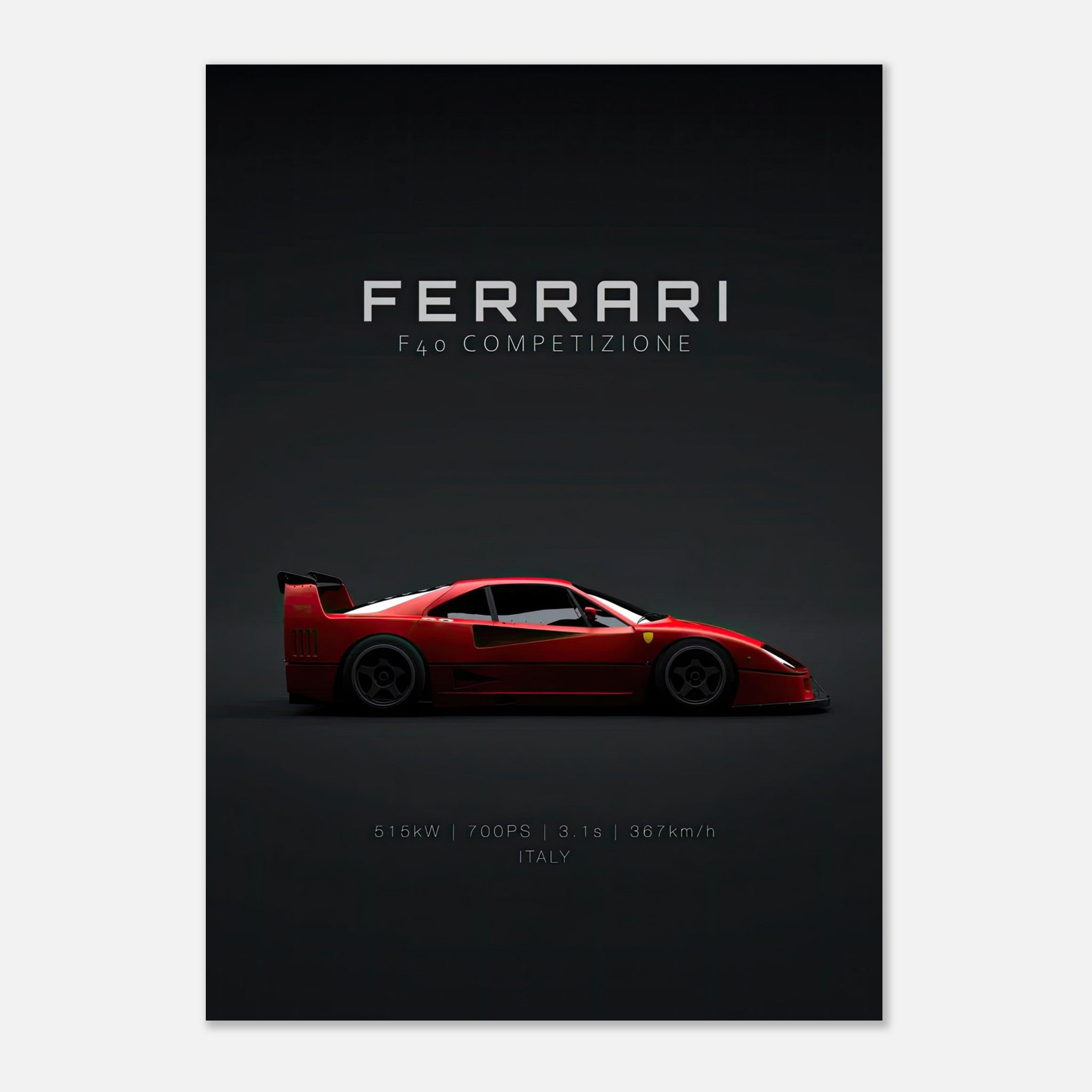 Ferrari F40 Competizione poster showcasing the iconic sports car with sleek design and racing details.