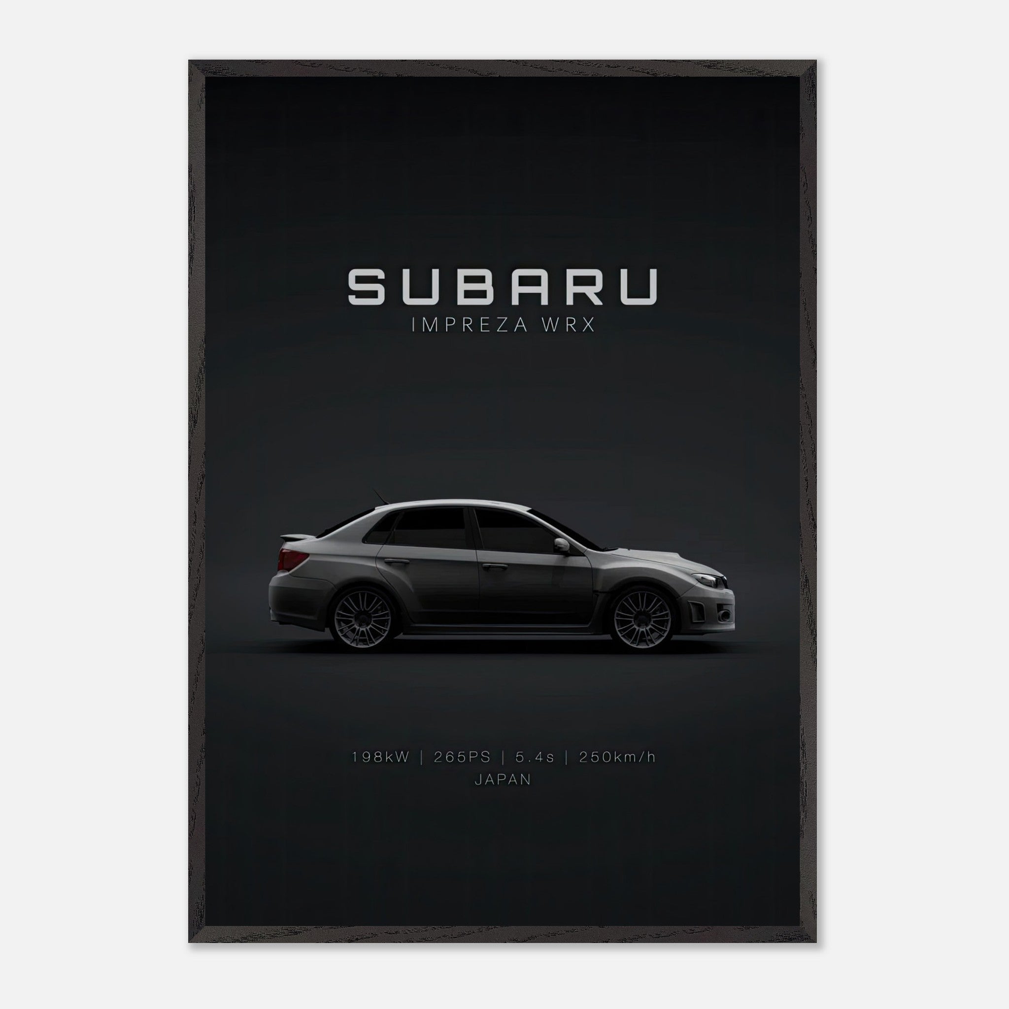 Framed art showcasing a Subaru Impreza WRX on a dark backdrop, highlighting its sleek design and performance specifications.