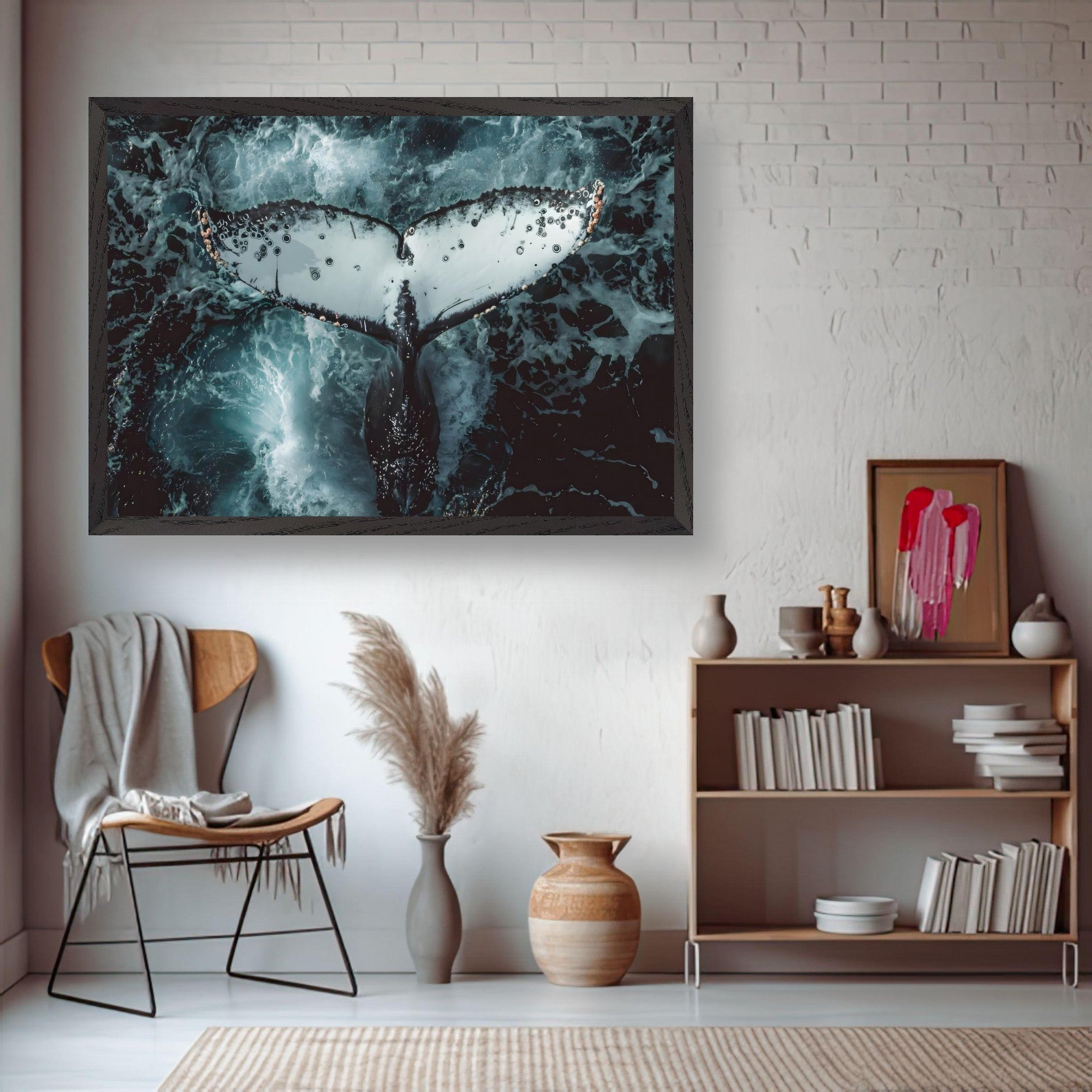 Stunning fine art print of a humpback whale tail above ocean waves in a modern interior setting.