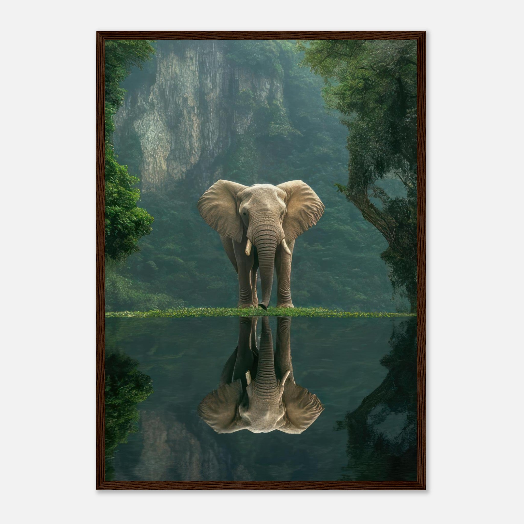 Framed print of a majestic elephant standing by water, reflecting lush greenery in a tranquil jungle setting.