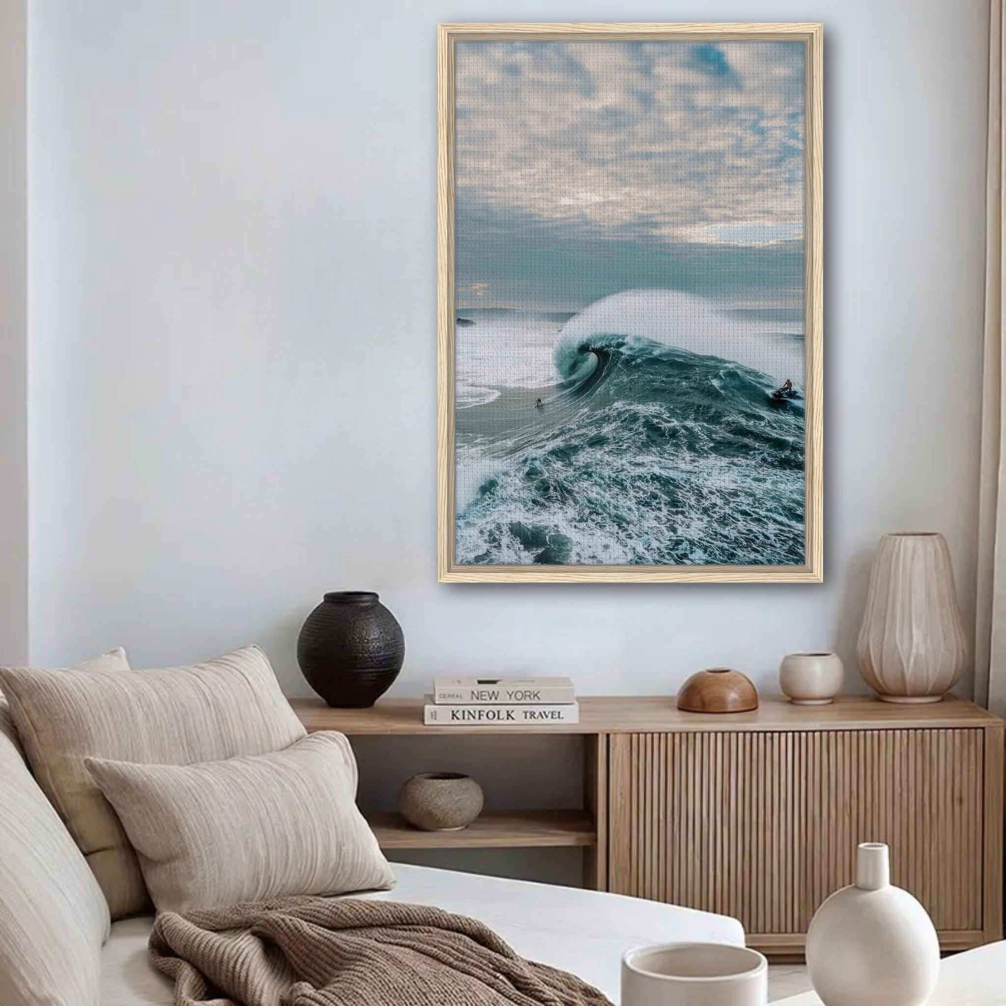 Framed canvas print of a surfer riding a massive wave, showcasing the power and beauty of big wave surfing.