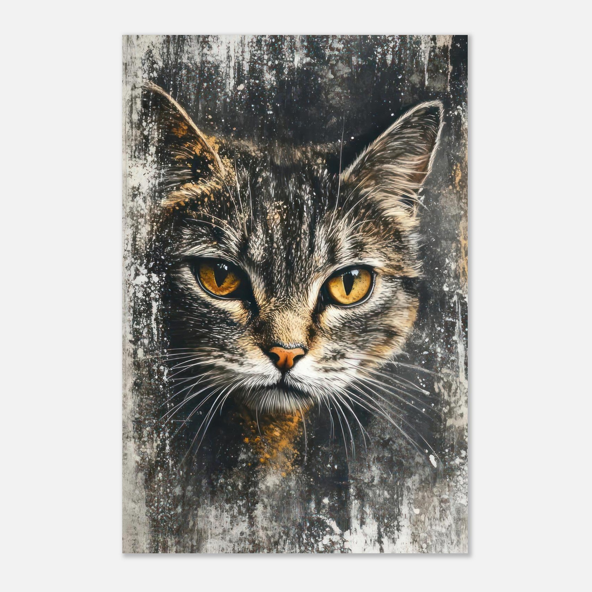 Cat painting artwork metal print featuring a detailed cat portrait with striking golden eyes on a textured background.