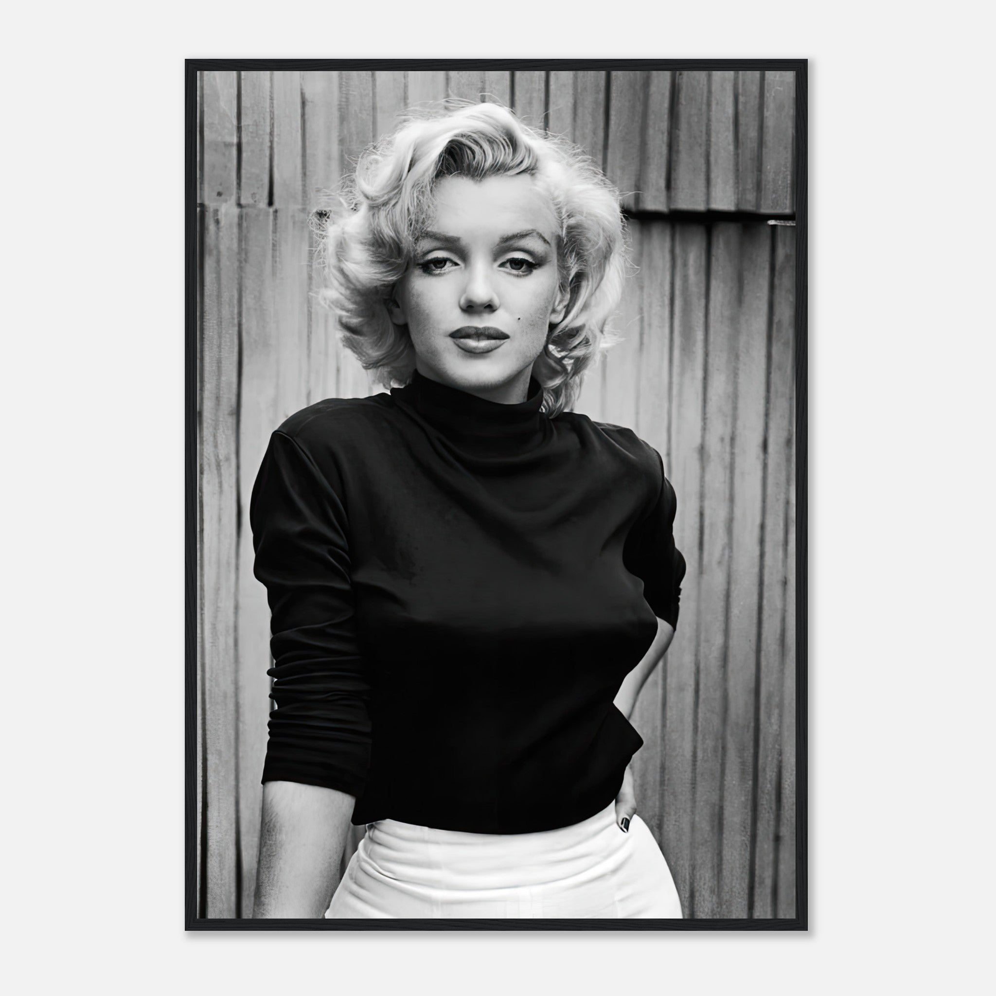 Marilyn Monroe black-and-white portrait framed print, showcasing her timeless elegance and Hollywood glamour.