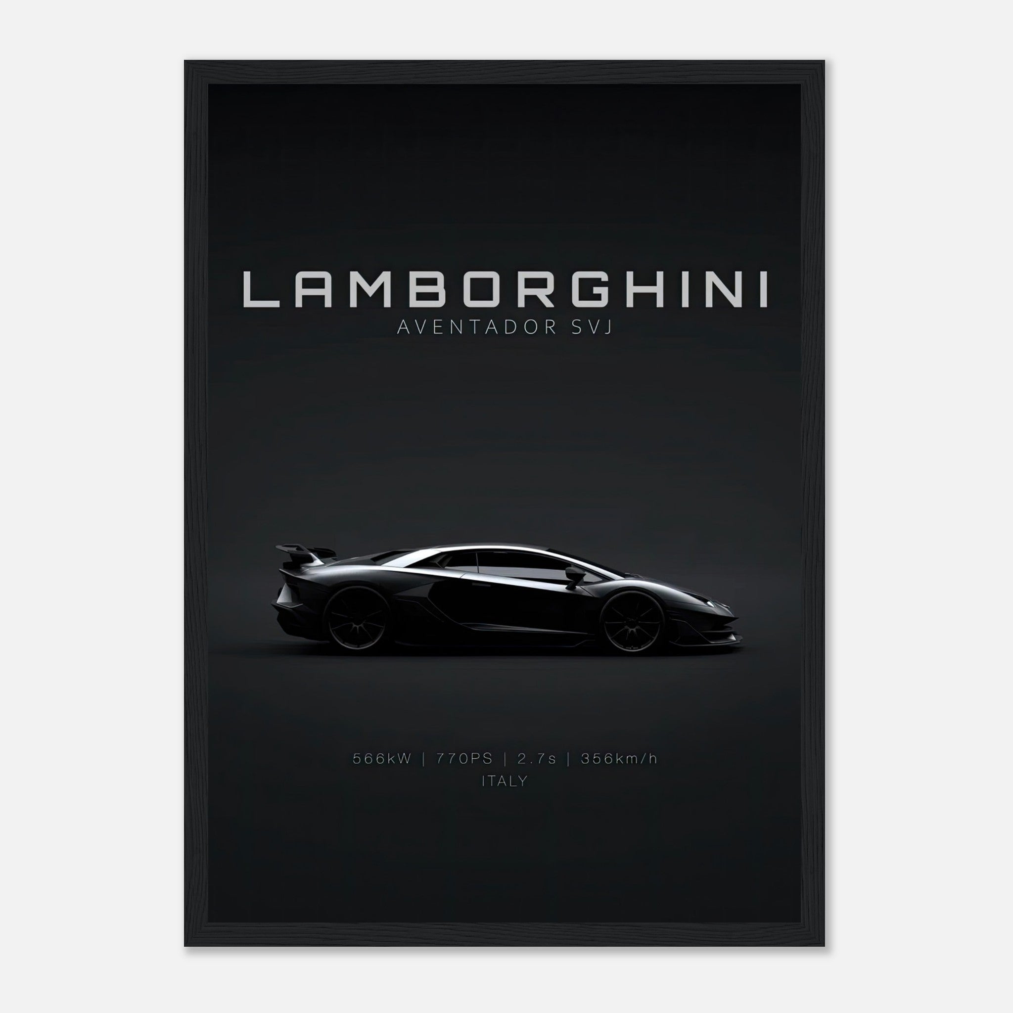 Lamborghini Aventador SVJ framed poster showcasing sleek design and performance specs, perfect for automotive enthusiasts.