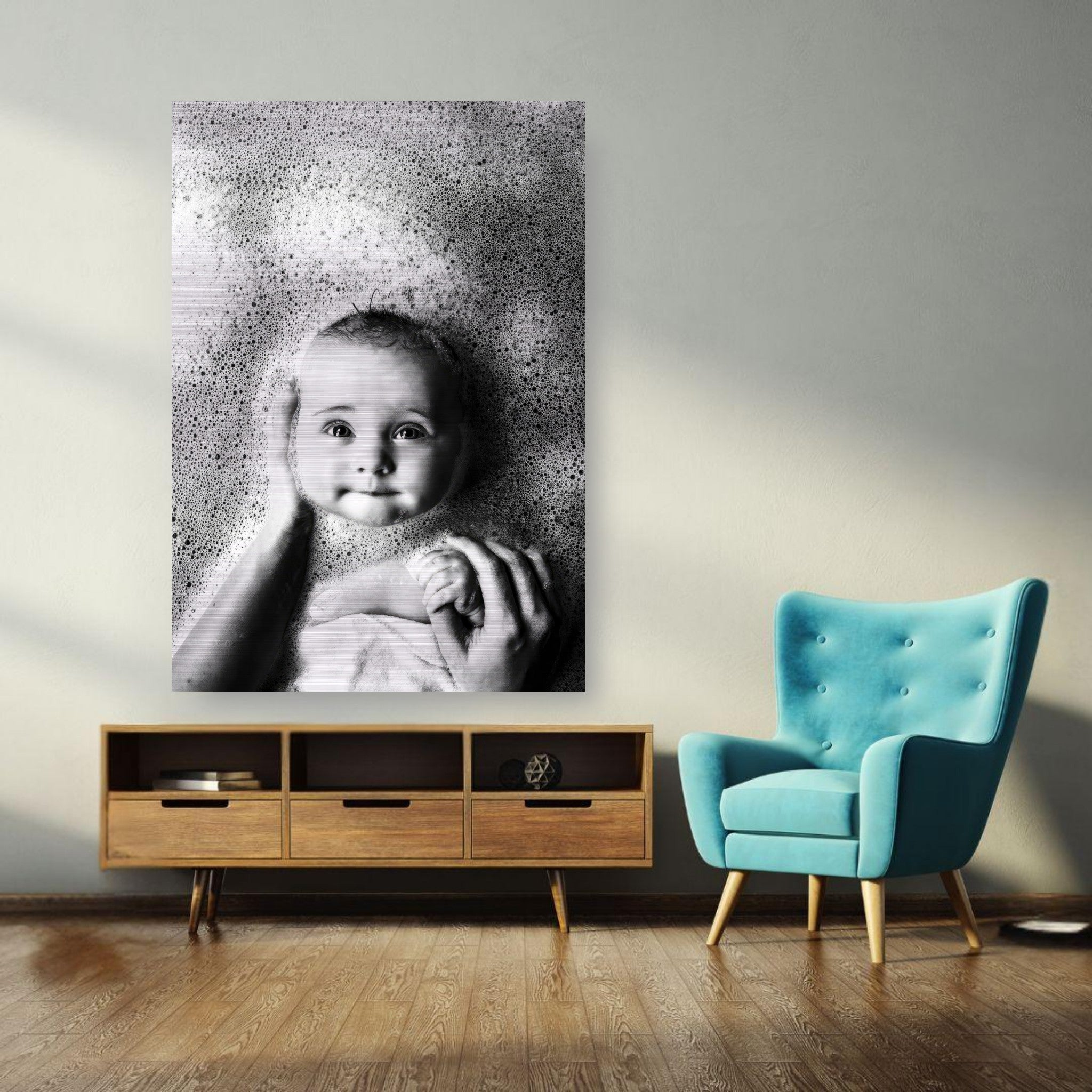 Black and white baby bath photography print on brushed metal, showcasing a joyful baby surrounded by bubbles.
