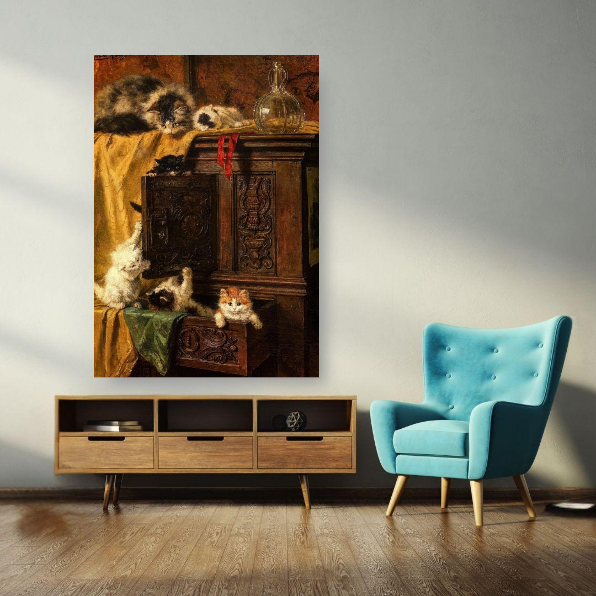 Vintage cat painting poster showcasing playful kittens exploring a wooden cabinet in a stylish living room.