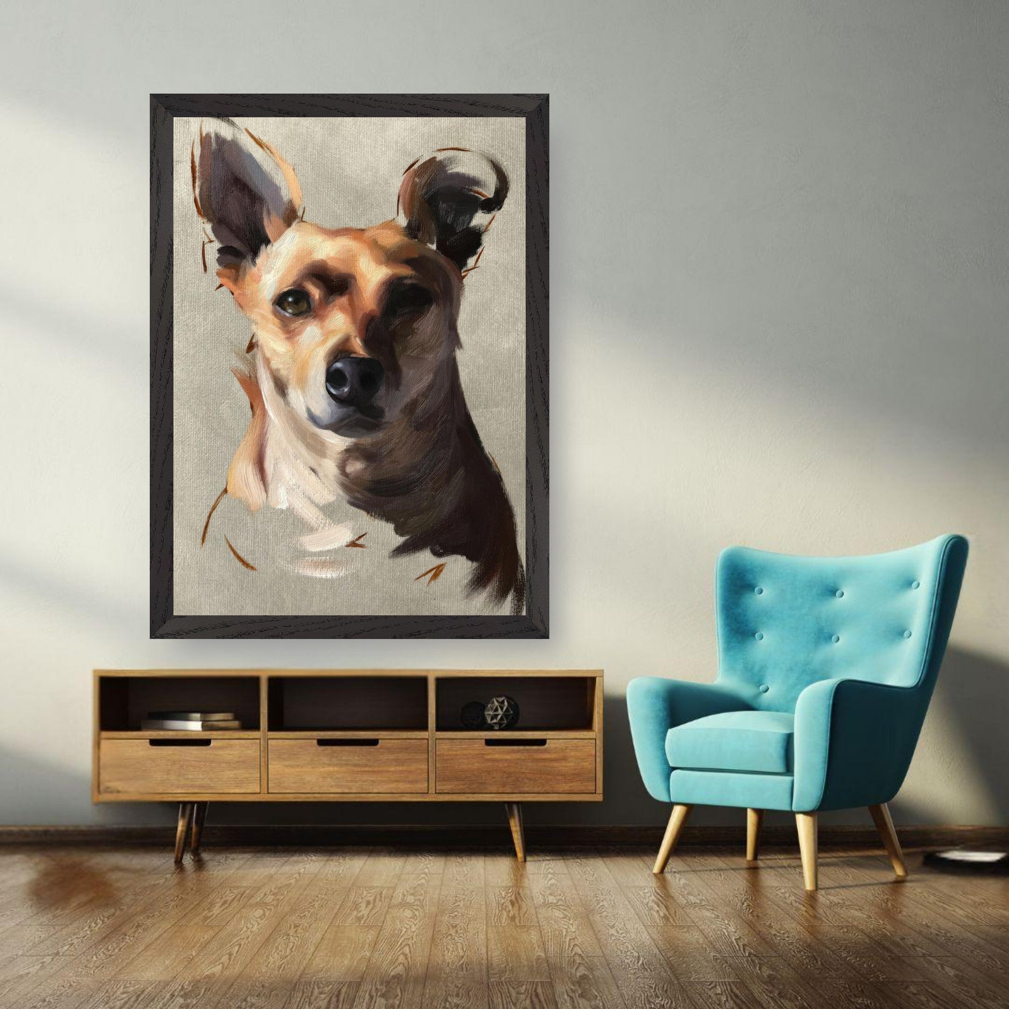 Vintage framed print of a Chihuahua dog painting in a stylish living room with modern decor.