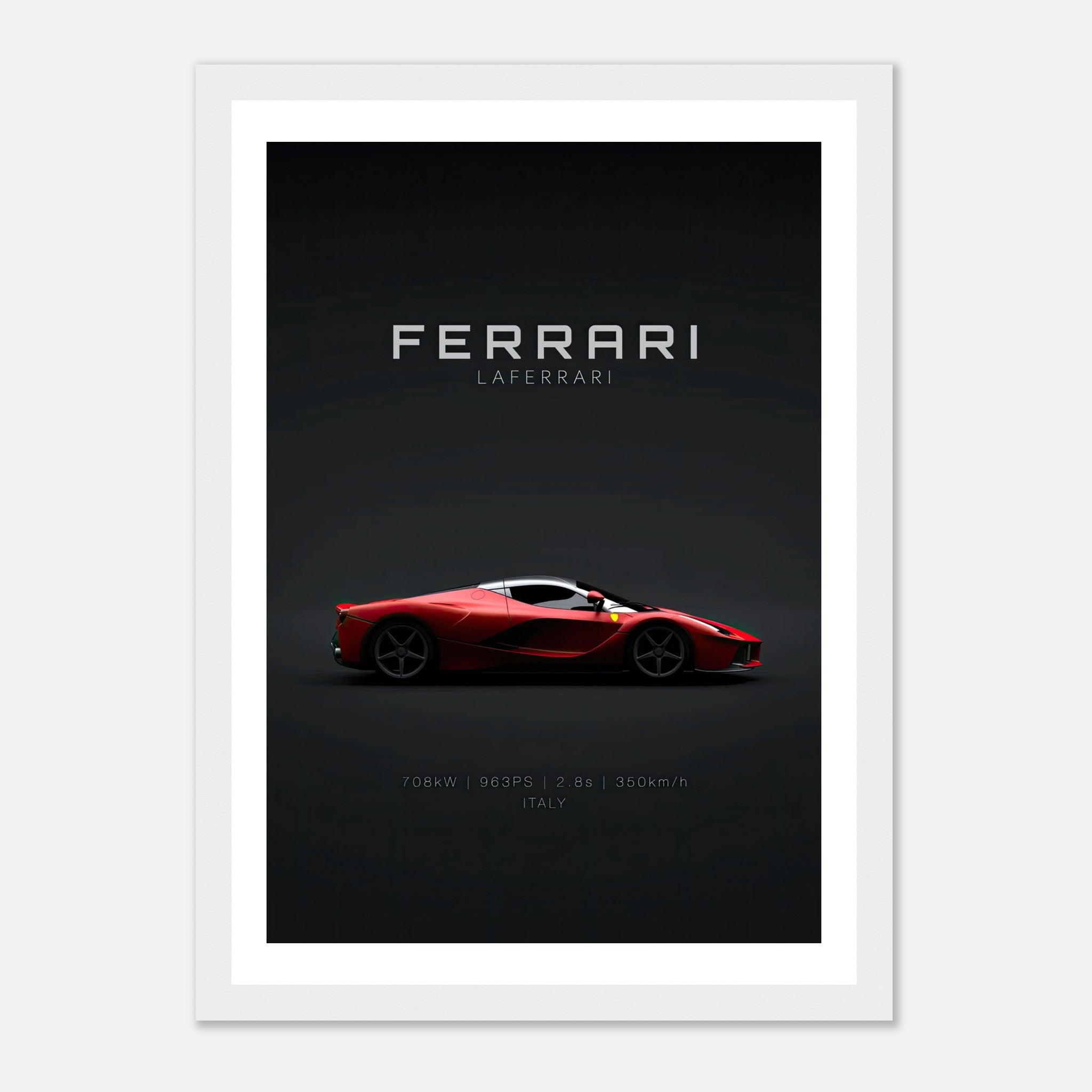 Ferrari Laferrari framed poster featuring a sleek red hypercar design against a dark background.