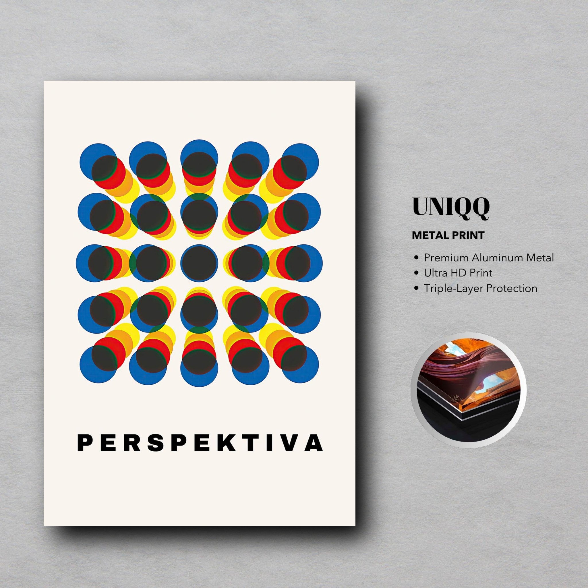 Perspective Abstract Art Metal Print featuring vibrant geometric shapes and dynamic optical illusion design.