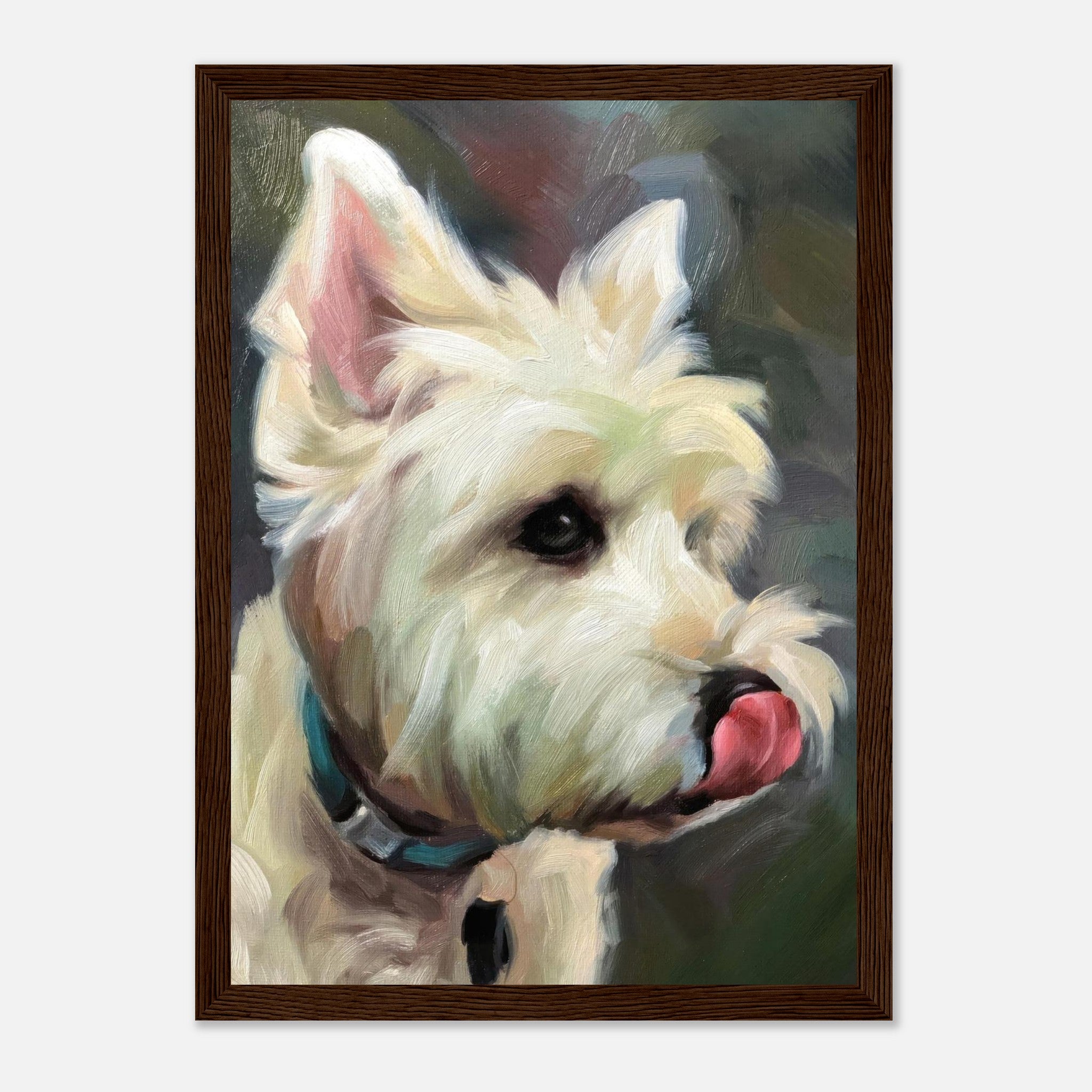Framed print of a West Highland White Terrier painting, capturing its playful and lively personality.