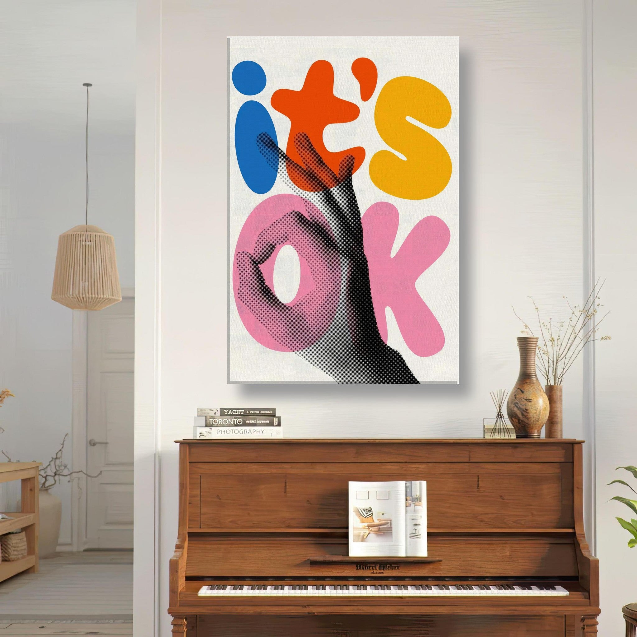 Colorful retro pop art canvas print saying "It's OK" featuring vibrant lettering and a hand gesture.