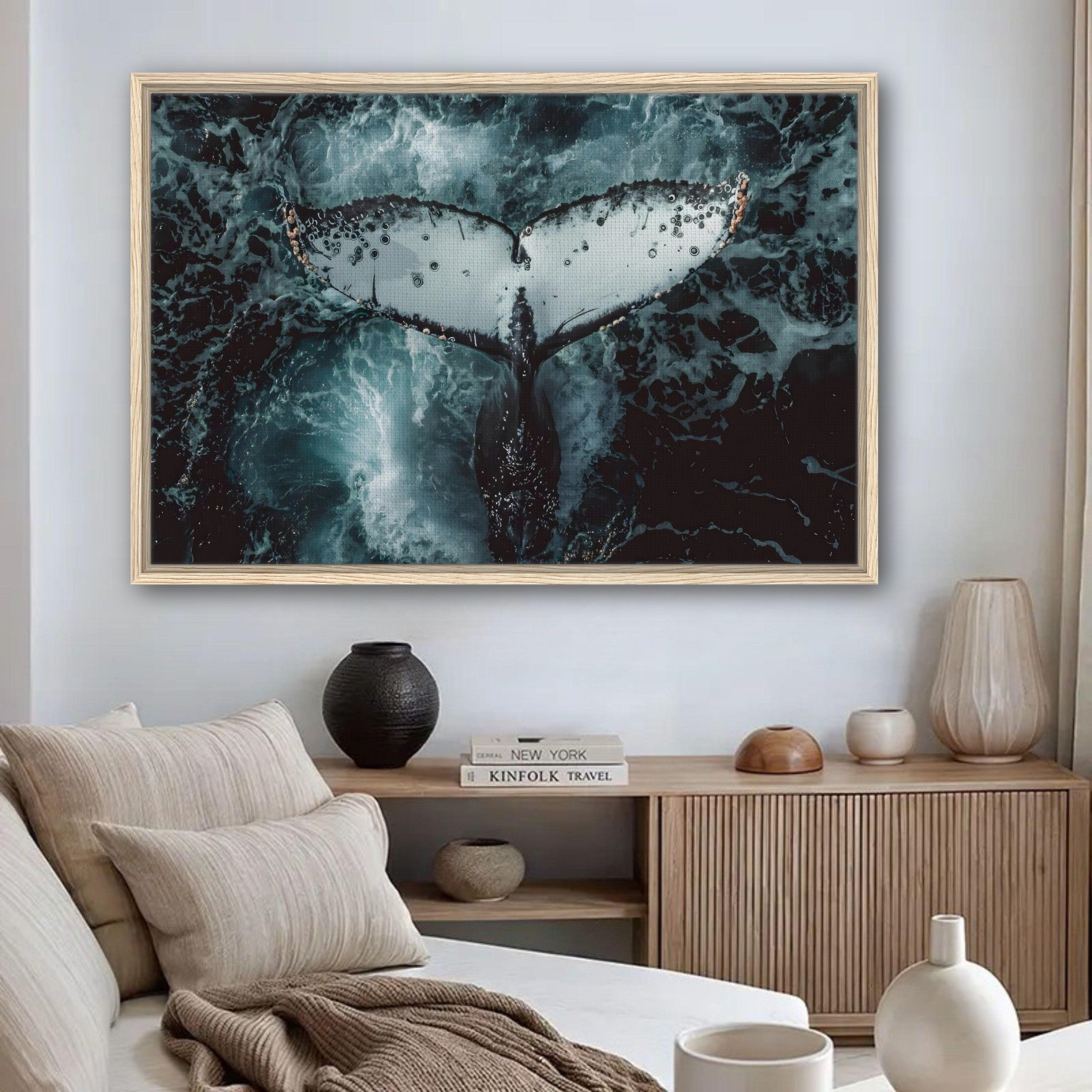 Humpback whale framed canvas print showcasing a whale's tail above swirling ocean waters in a stylish living space.