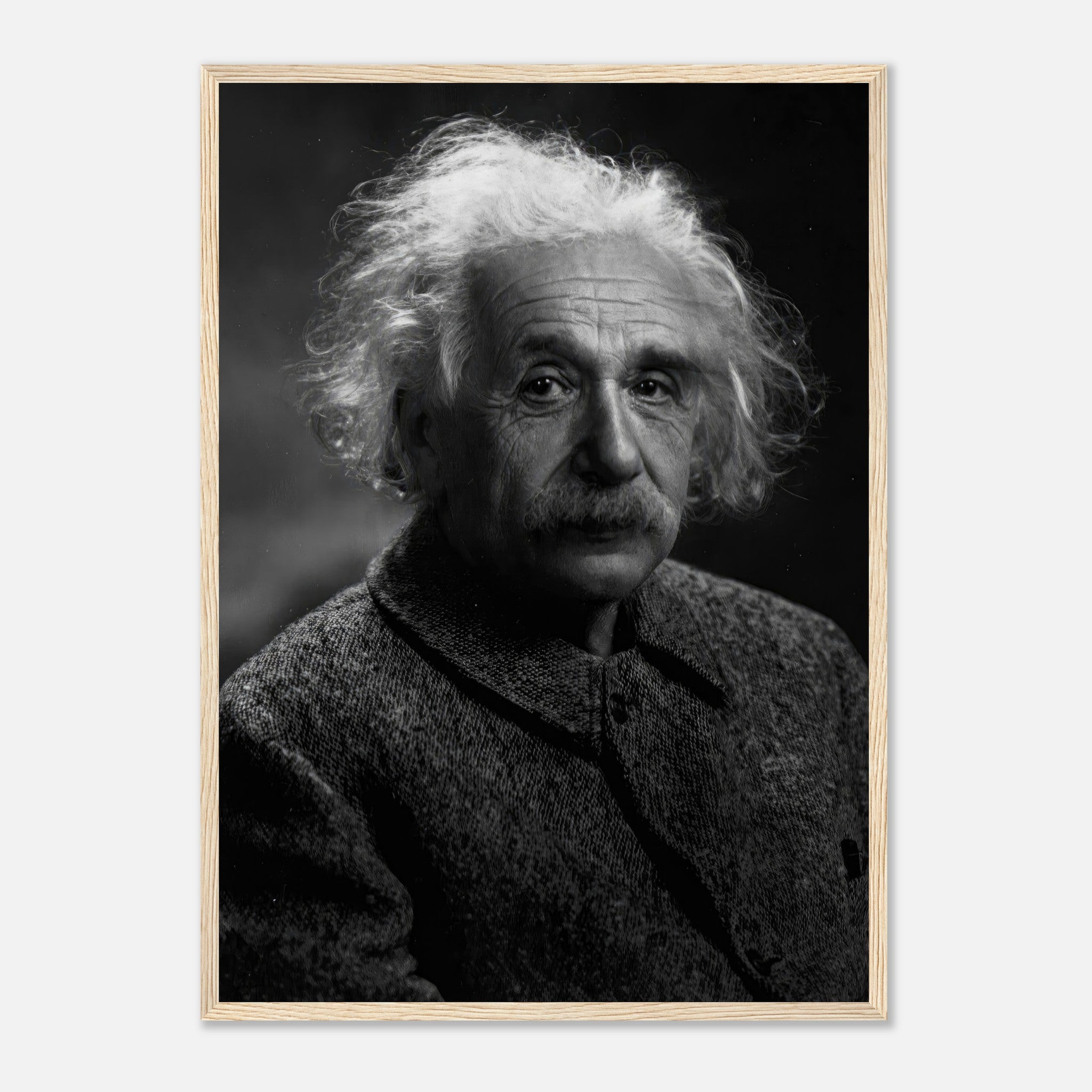 Albert Einstein black-and-white portrait framed print, showcasing his thoughtful expression and iconic style.