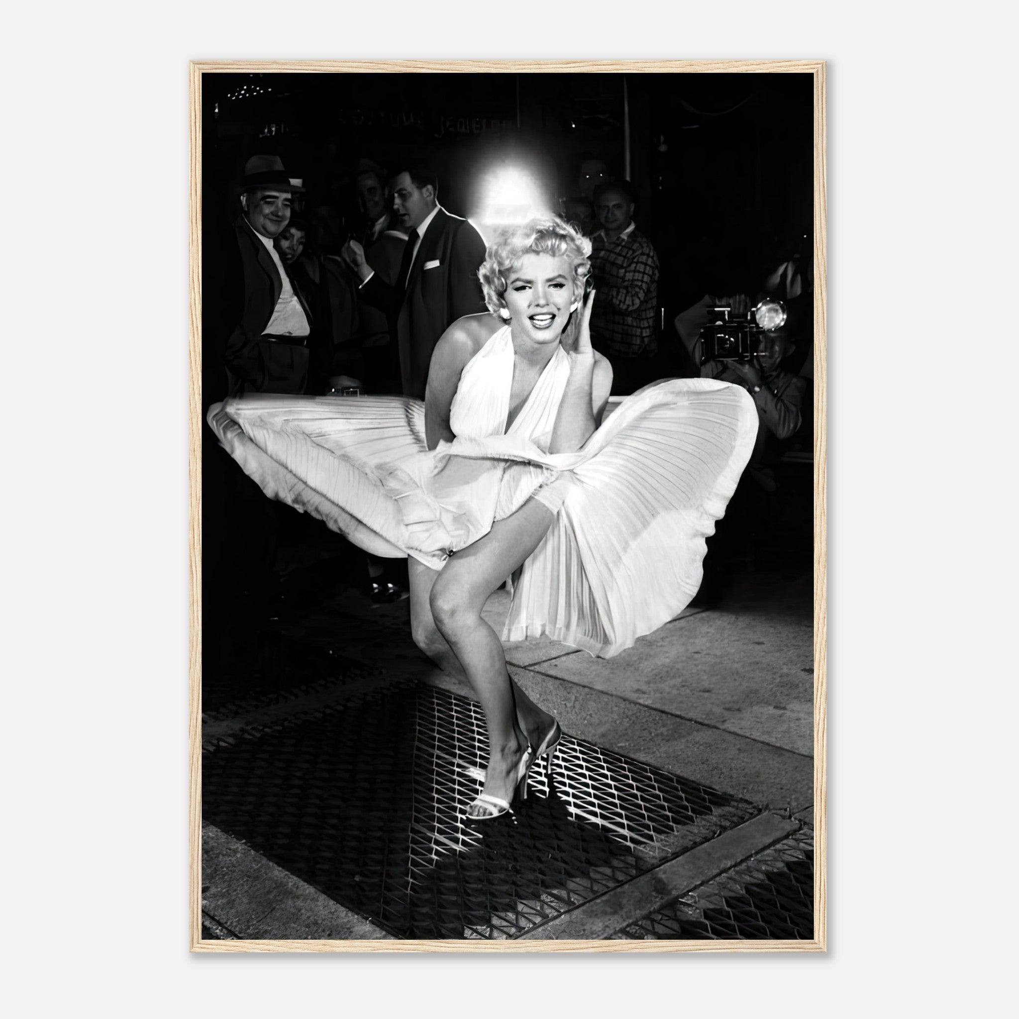 Marilyn Monroe in white dress blowing over subway grate, iconic framed print of classic Hollywood moment.
