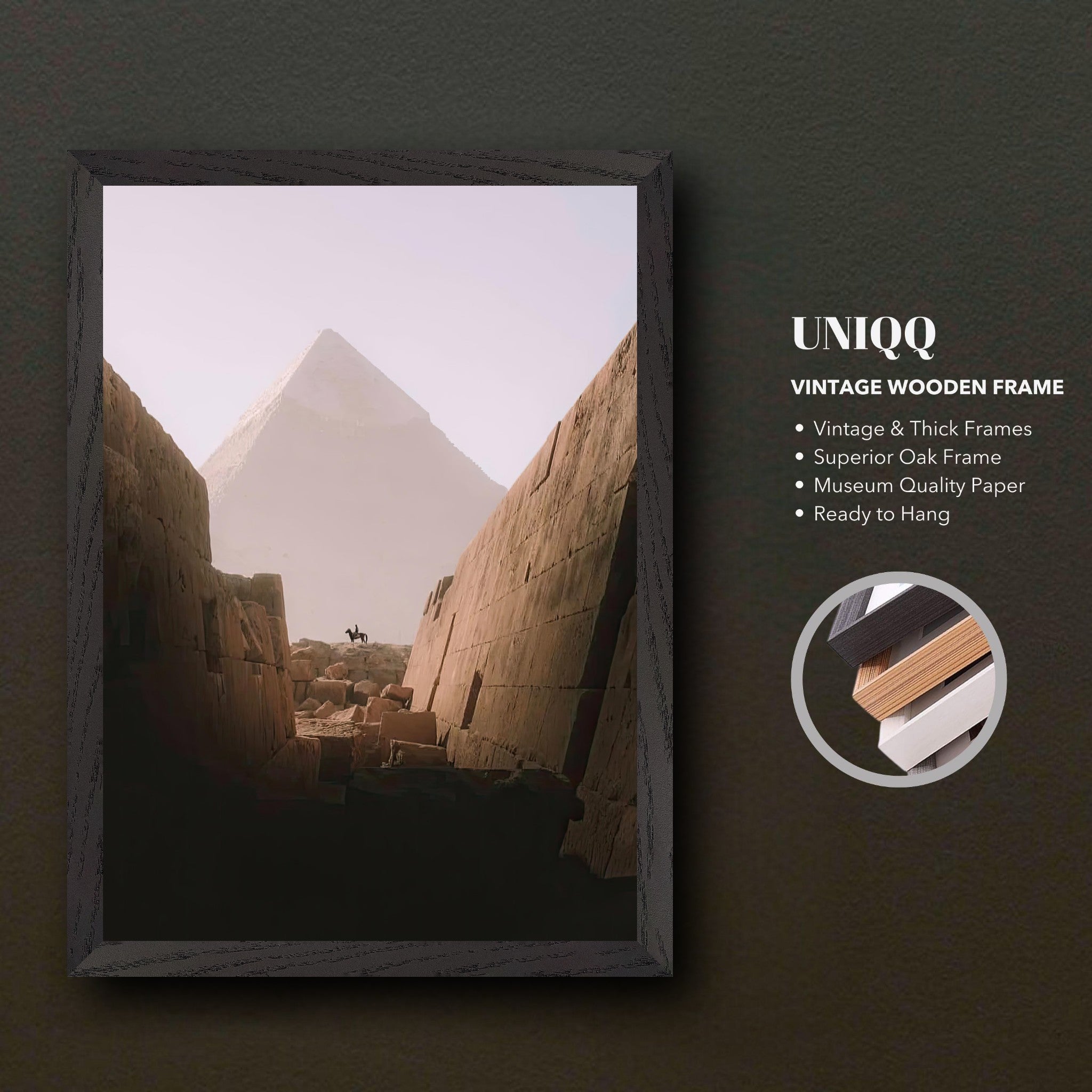 Vintage framed print of a horse rider in front of the Great Pyramid of Giza, showcasing ancient Egypt's beauty.