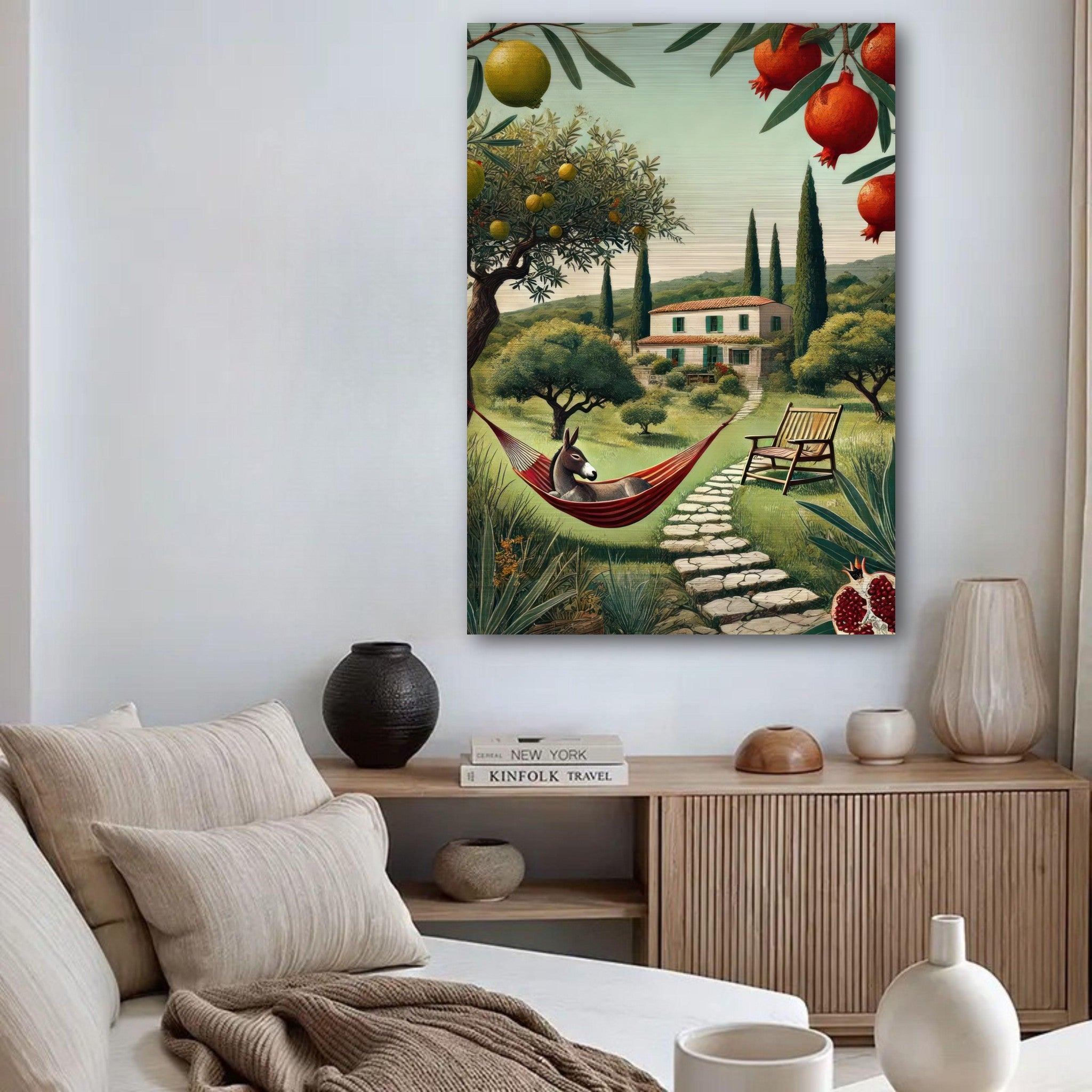 Mediterranean rural landscape brushed metal print featuring a donkey in a hammock, lush trees, and a stone path.