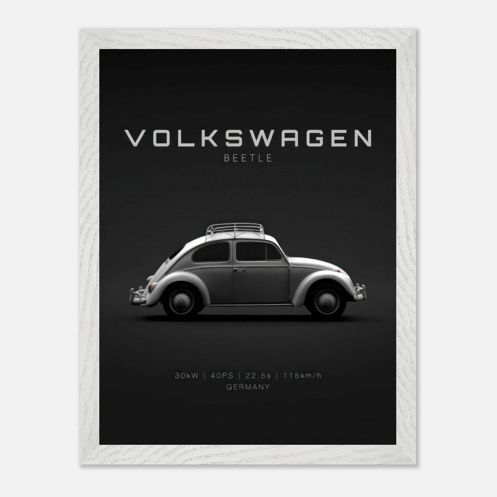 Volkswagen Beetle vintage framed art with minimalist black background and sleek silver design.