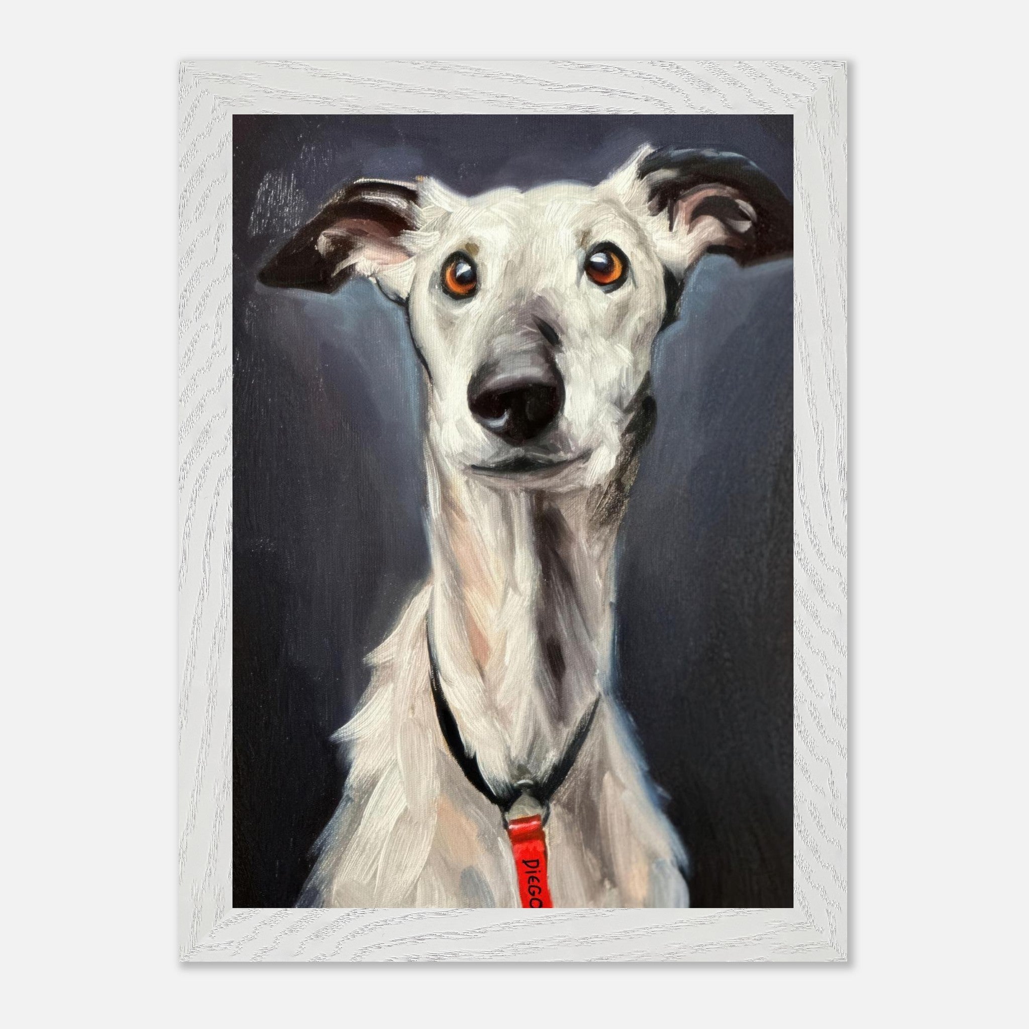 Greyhound dog portrait in vintage frame, showcasing elegance and detail with realistic features.