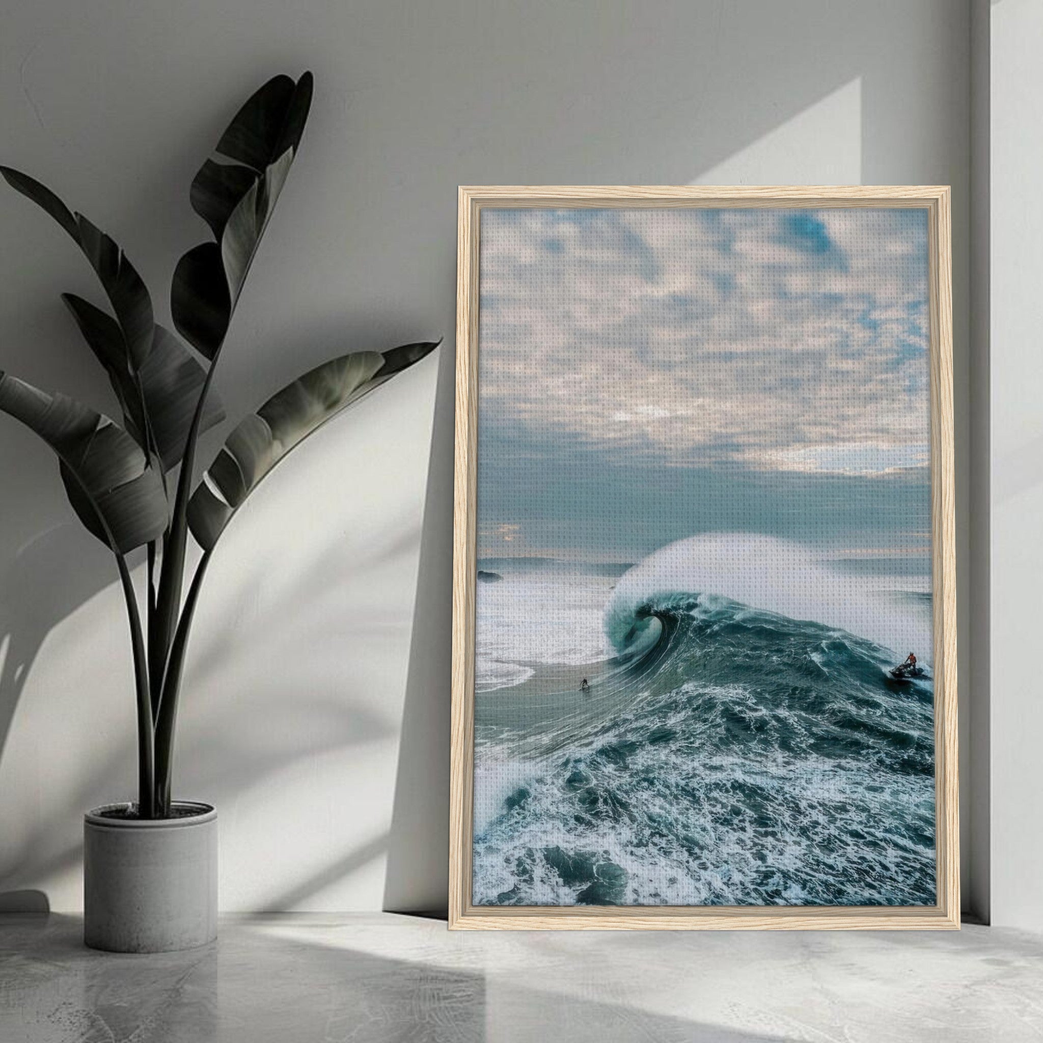 Stunning Big Wave Surfing framed canvas print depicting a surfer riding a massive wave, showcasing ocean beauty.
