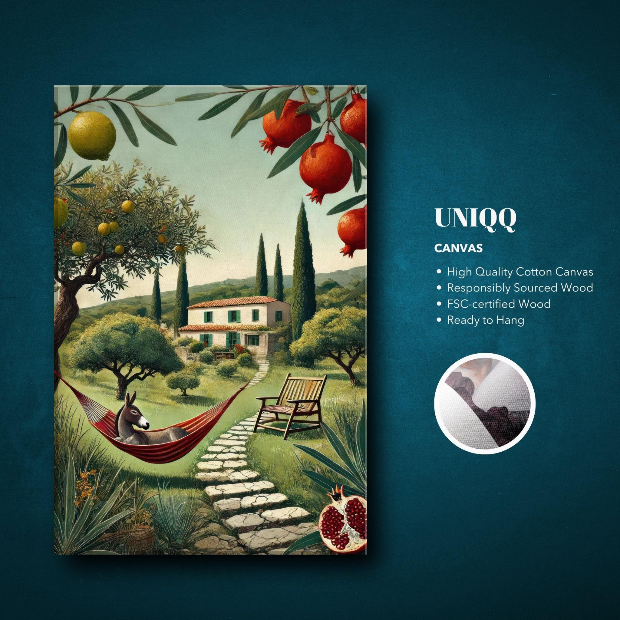 Mediterranean rural landscape canvas print featuring a hammock, villa, and lush greenery.