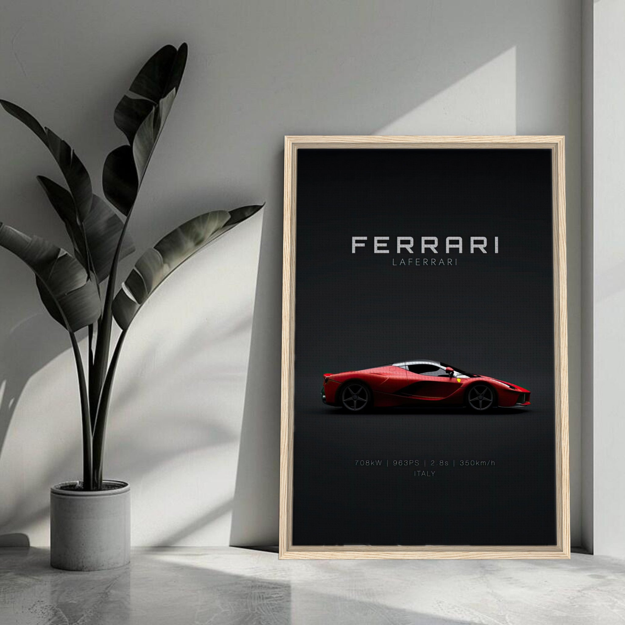 Ferrari Laferrari framed canvas art showcasing sleek design against a minimalist black background, perfect for car enthusiasts.