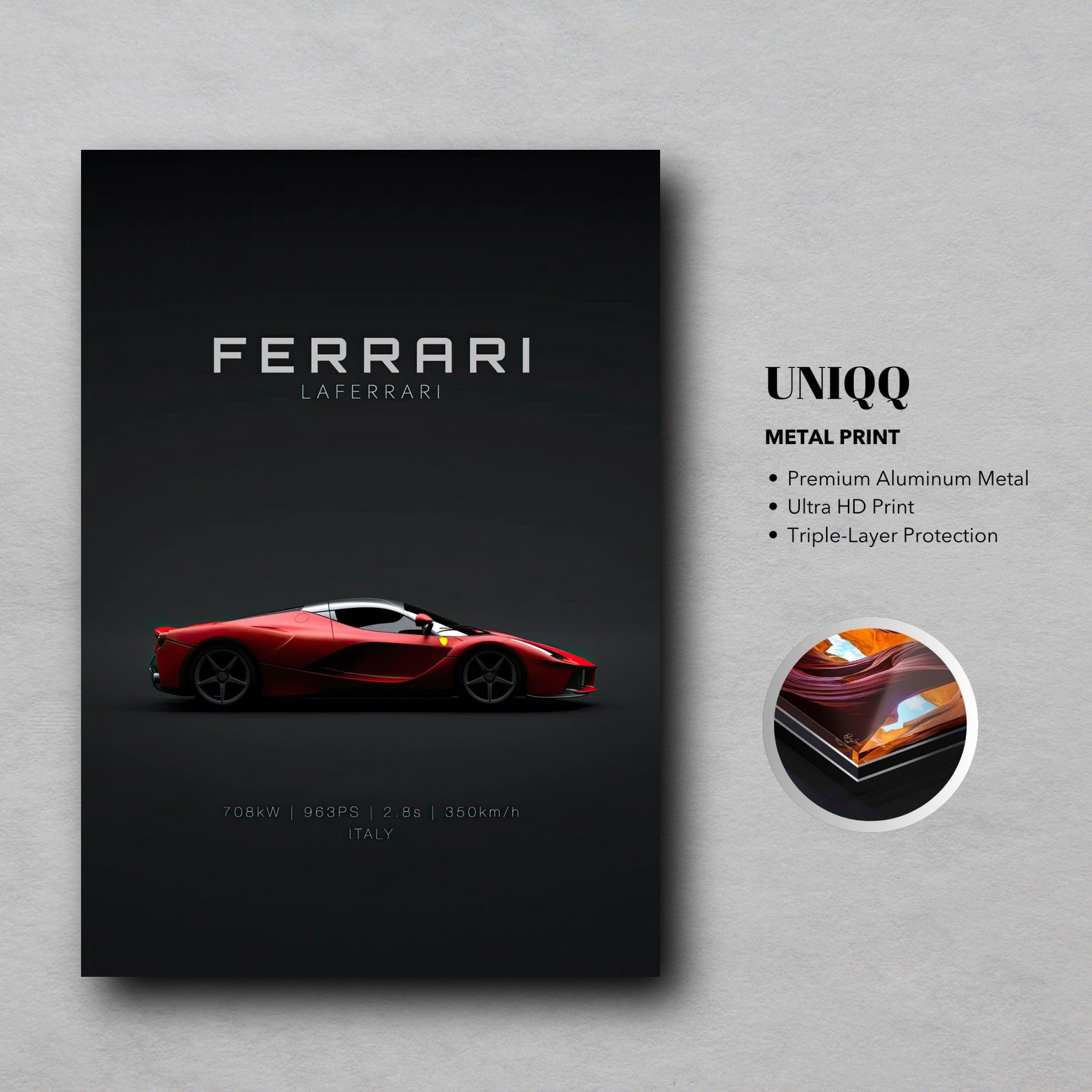 Ferrari Laferrari metal poster in vibrant red on a sleek black background, showcasing luxury automotive art.