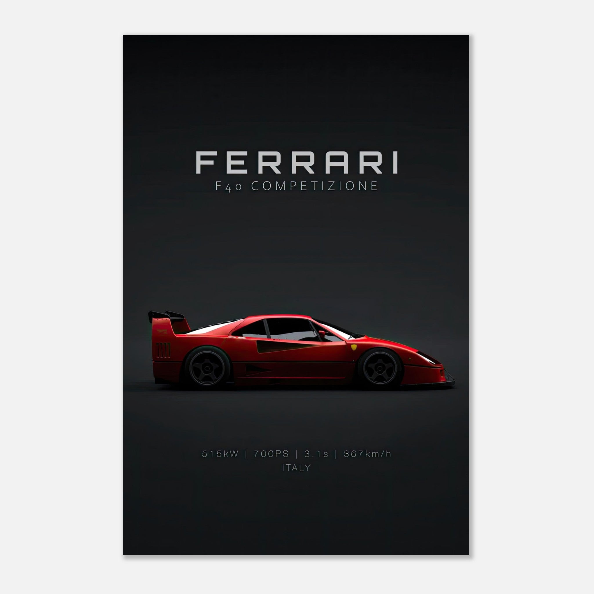 Ferrari F40 Competizione metal print showcasing sleek design, bold red color, and racing stats on dark background.